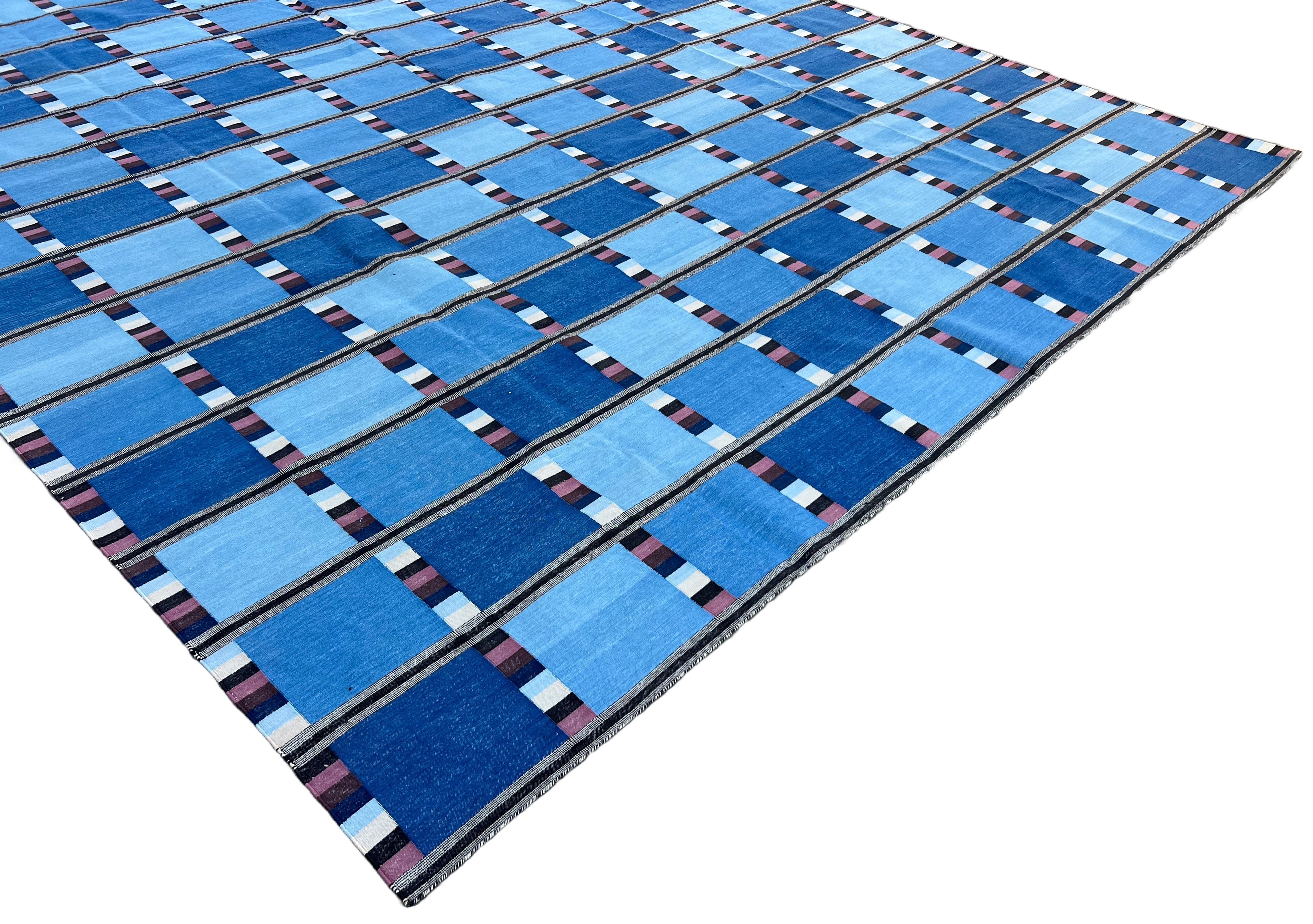 Modern Handmade Cotton Area Flat Weave Rug, Blue, Cream And Brown Checked Dhurrie-6724