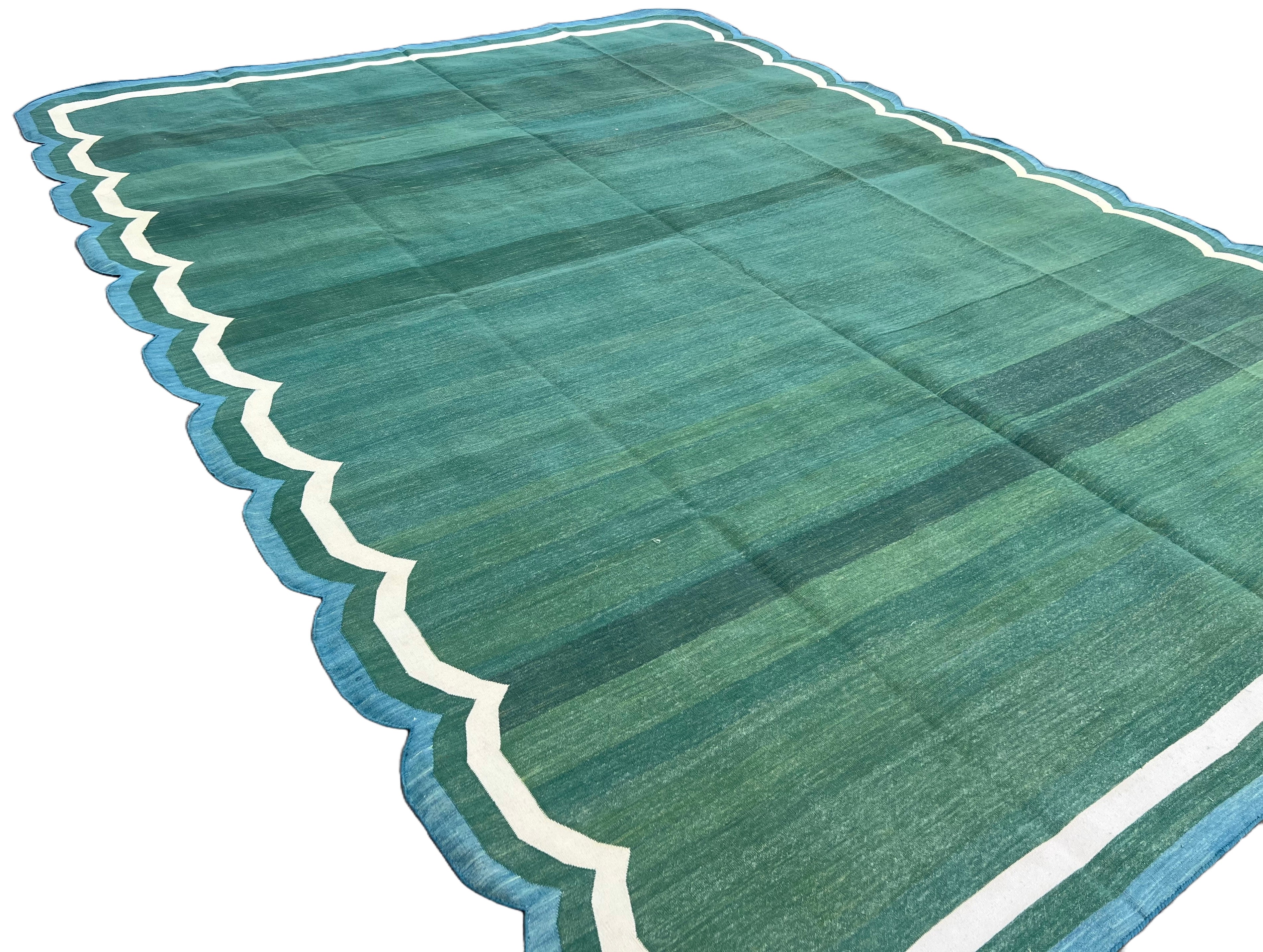 Modern Handmade Cotton Forest Green, Cream and Teal Blue Scalloped Rug-9649