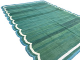 Modern Handmade Cotton Forest Green, Cream and Teal Blue Scalloped Rug-9649