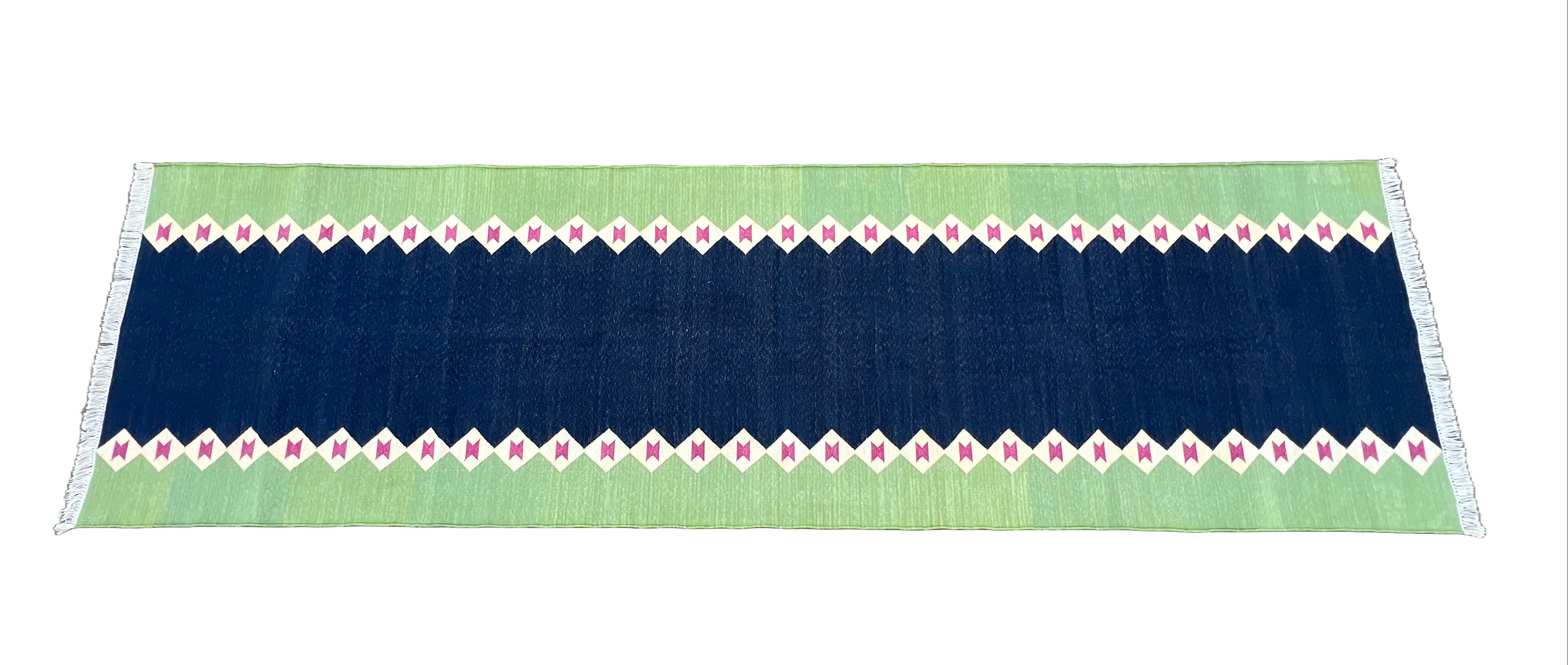 Modern Handmade Cotton Blue And Green Geometric Runner-6526