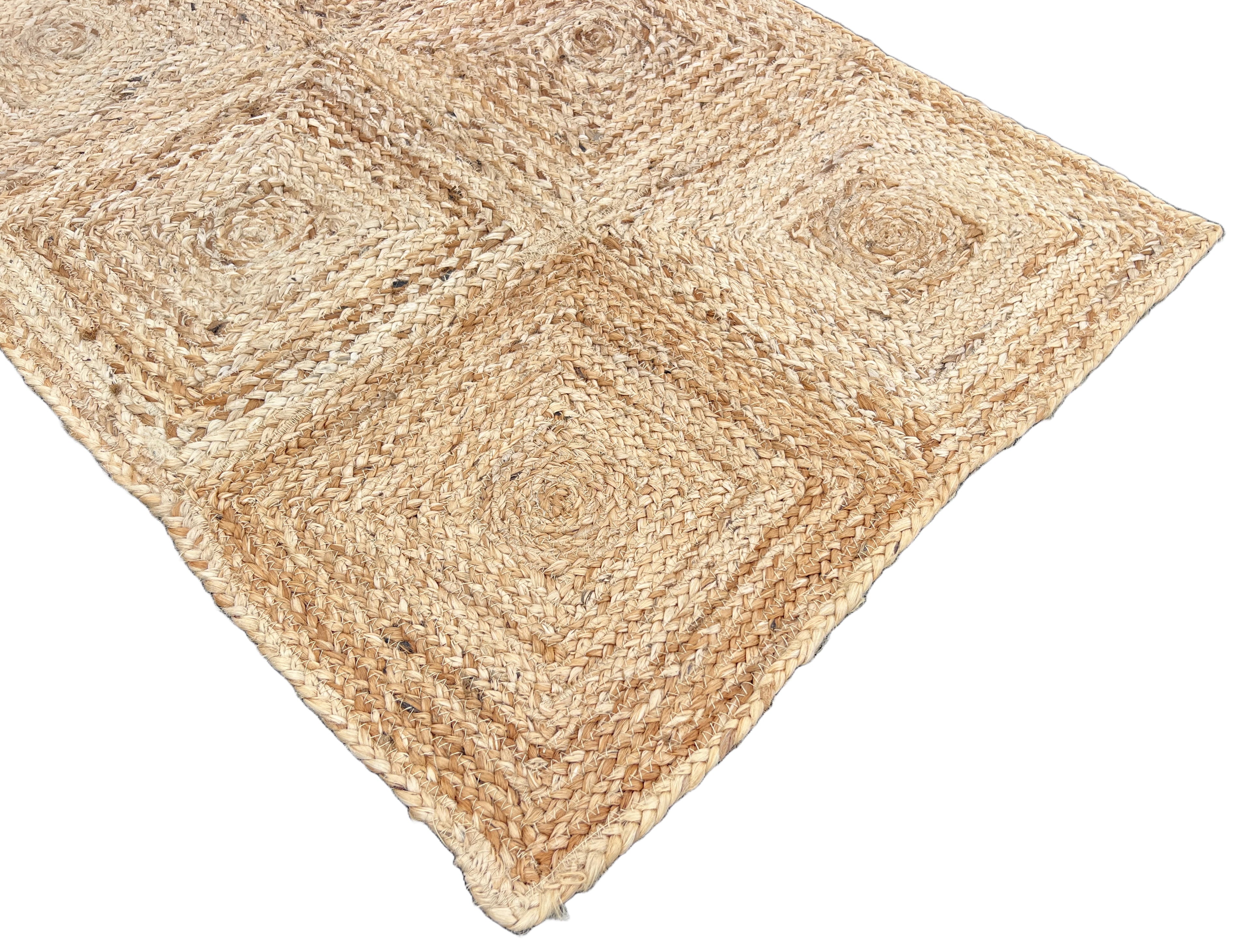 Modern Handmade Natural Jute Checked Blocked Rug Indian Dhurrie -8044