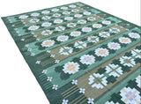 Modern Handmade Cotton Area Flat Weave Rug, Natural Vegetable Dyed, Green Geometric Indian Dhurrie