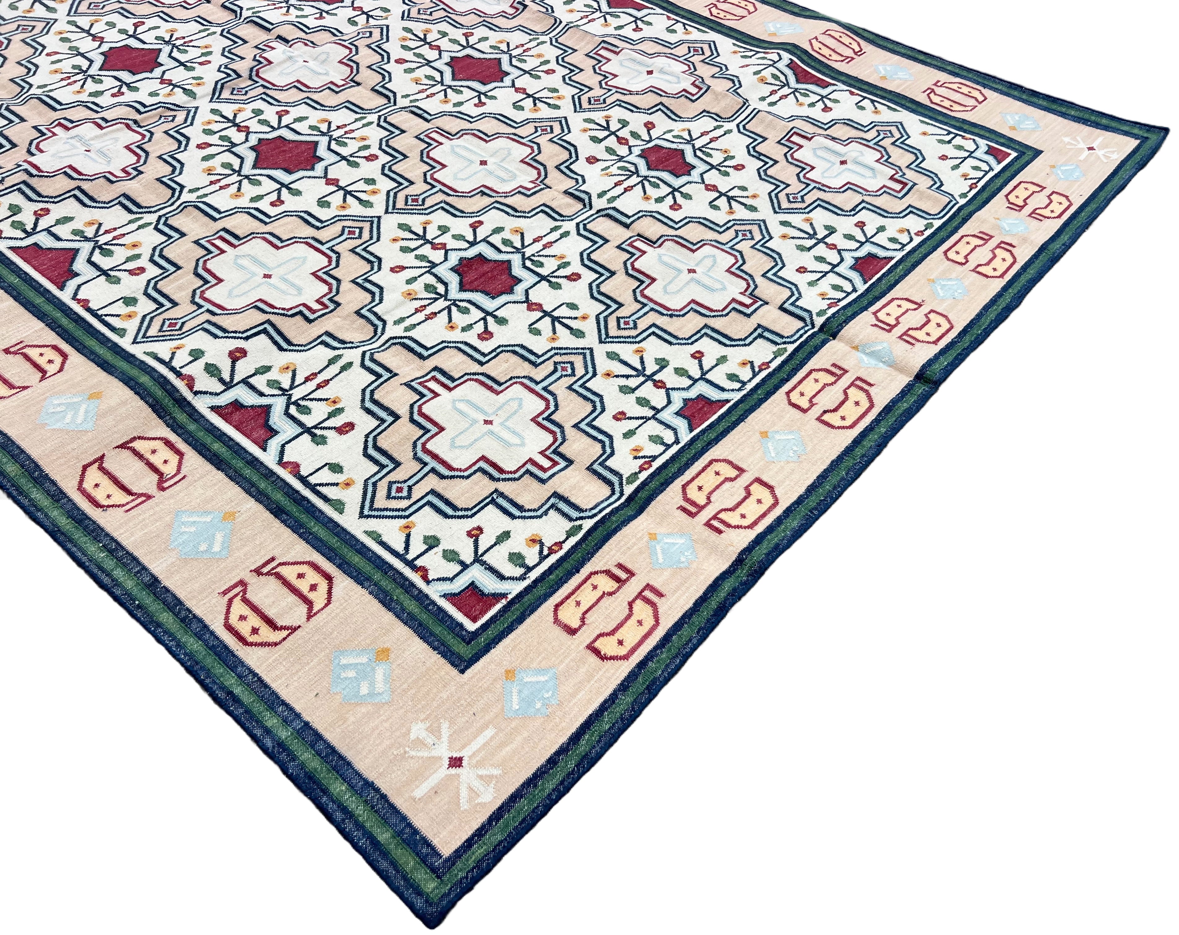 Modern Handmade Cotton Cream, Peach Red Leaf Geometric Indian Dhurrie-6741