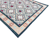 Modern Handmade Cotton Cream, Peach Red Leaf Geometric Indian Dhurrie-6741