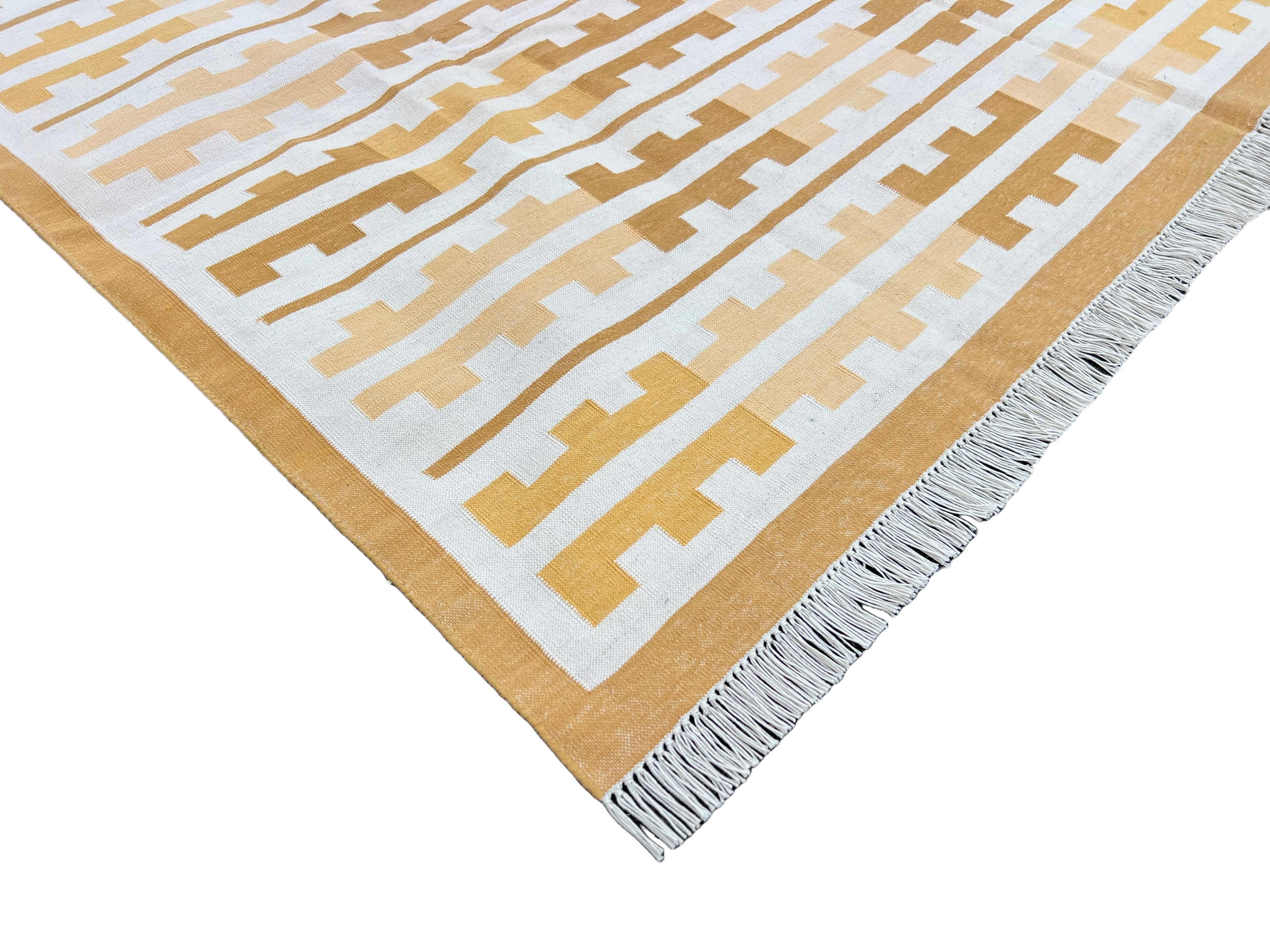 Modern Handmade Cotton Yellow And Cream Marianne Striped Indian Dhurrie Rug-6762