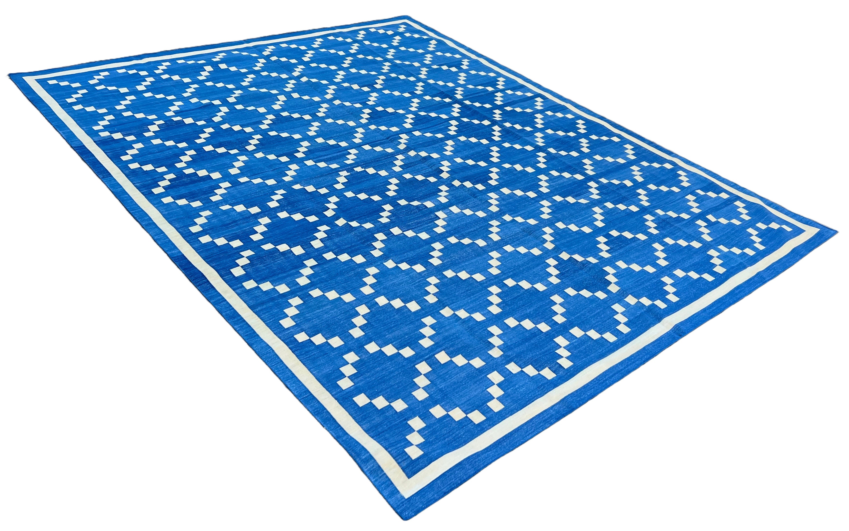 Modern Handmade Cotton Indigo Blue And Cream Diamond Rug-6738