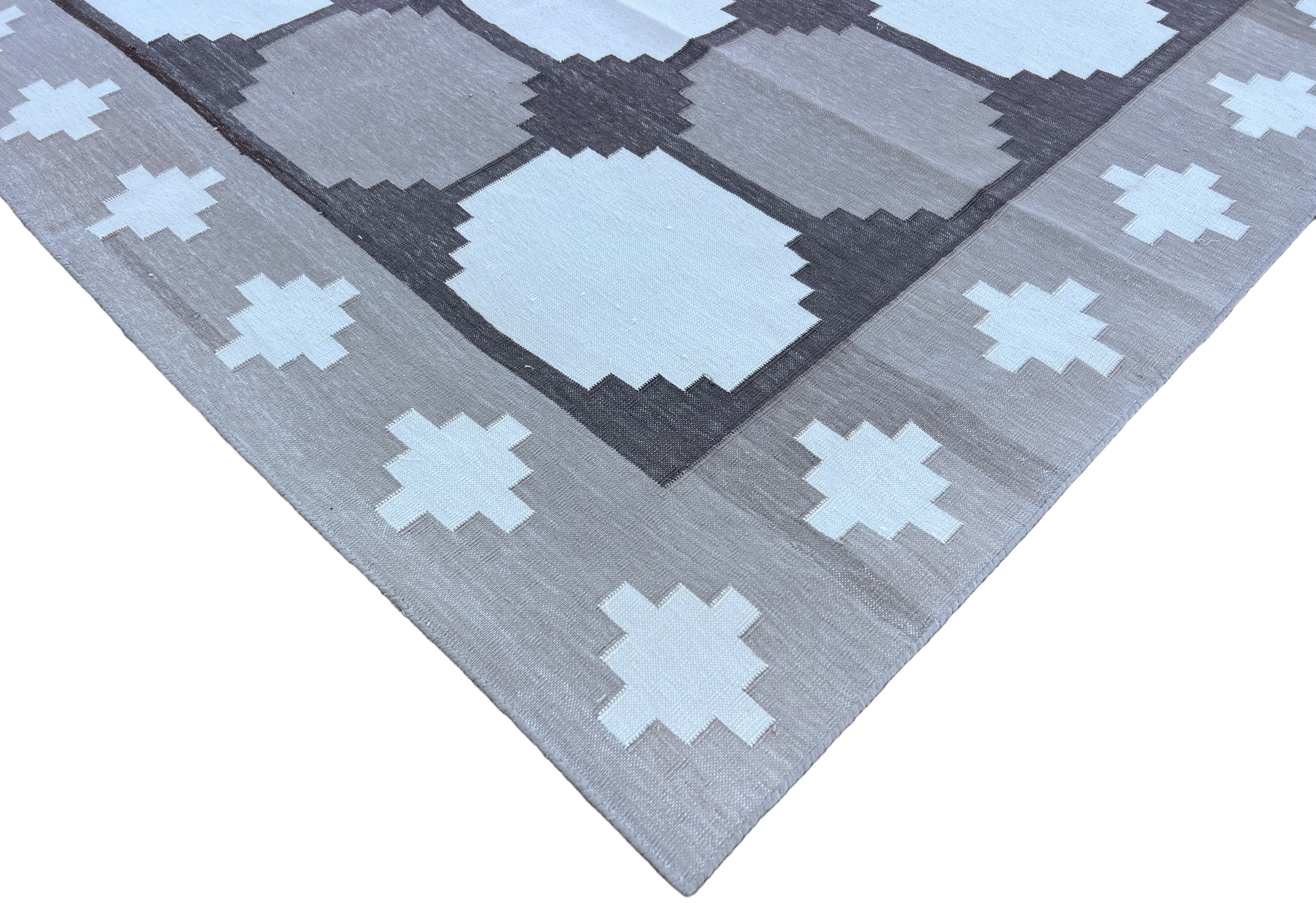 Modern Handmade Cotton Beige And Brown Geometric Swedish Star Rug-6759