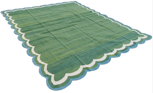 Modern Handmade Cotton Forest Green And Teal Blue Border 4 Sided Scalloped Rug-6163