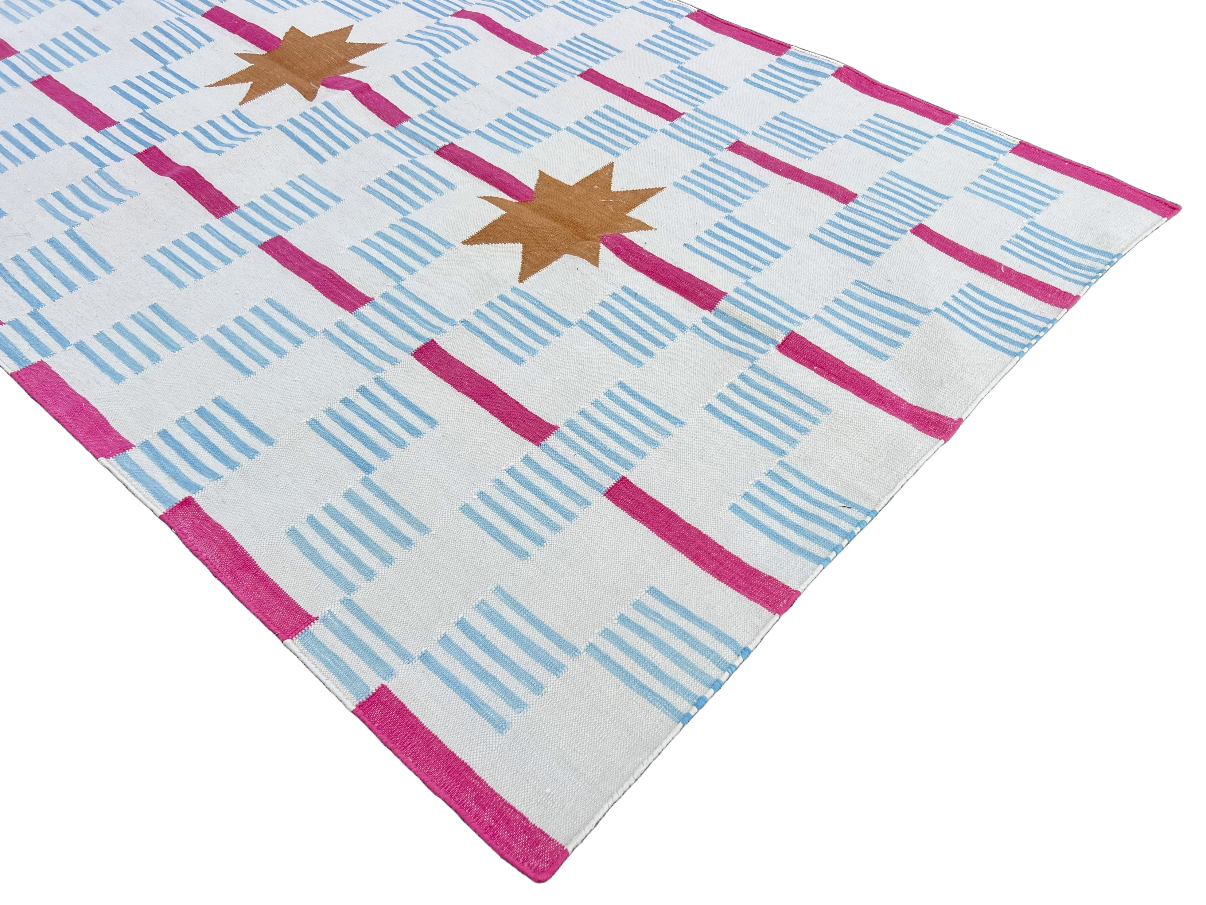 Modern Handmade Cotton Cream, Sky Blue Tan And Pink 4x14 Feet Star And Dash Runner-6749