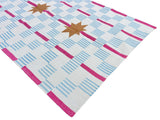 Modern Handmade Cotton Cream, Sky Blue Tan And Pink 4x14 Feet Star And Dash Runner-6749
