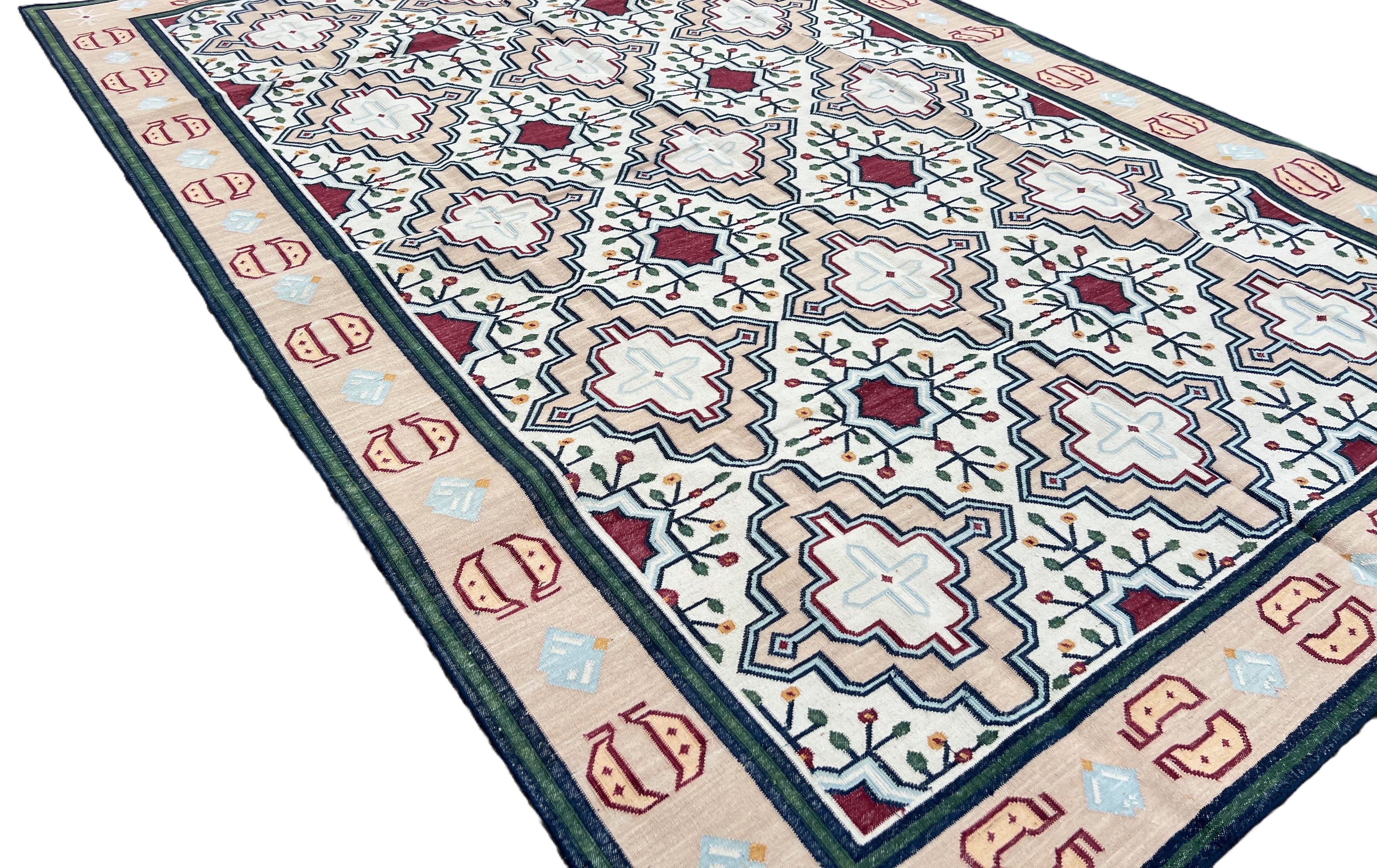 Modern Handmade Cotton Cream, Peach Red Leaf Geometric Indian Dhurrie-6741