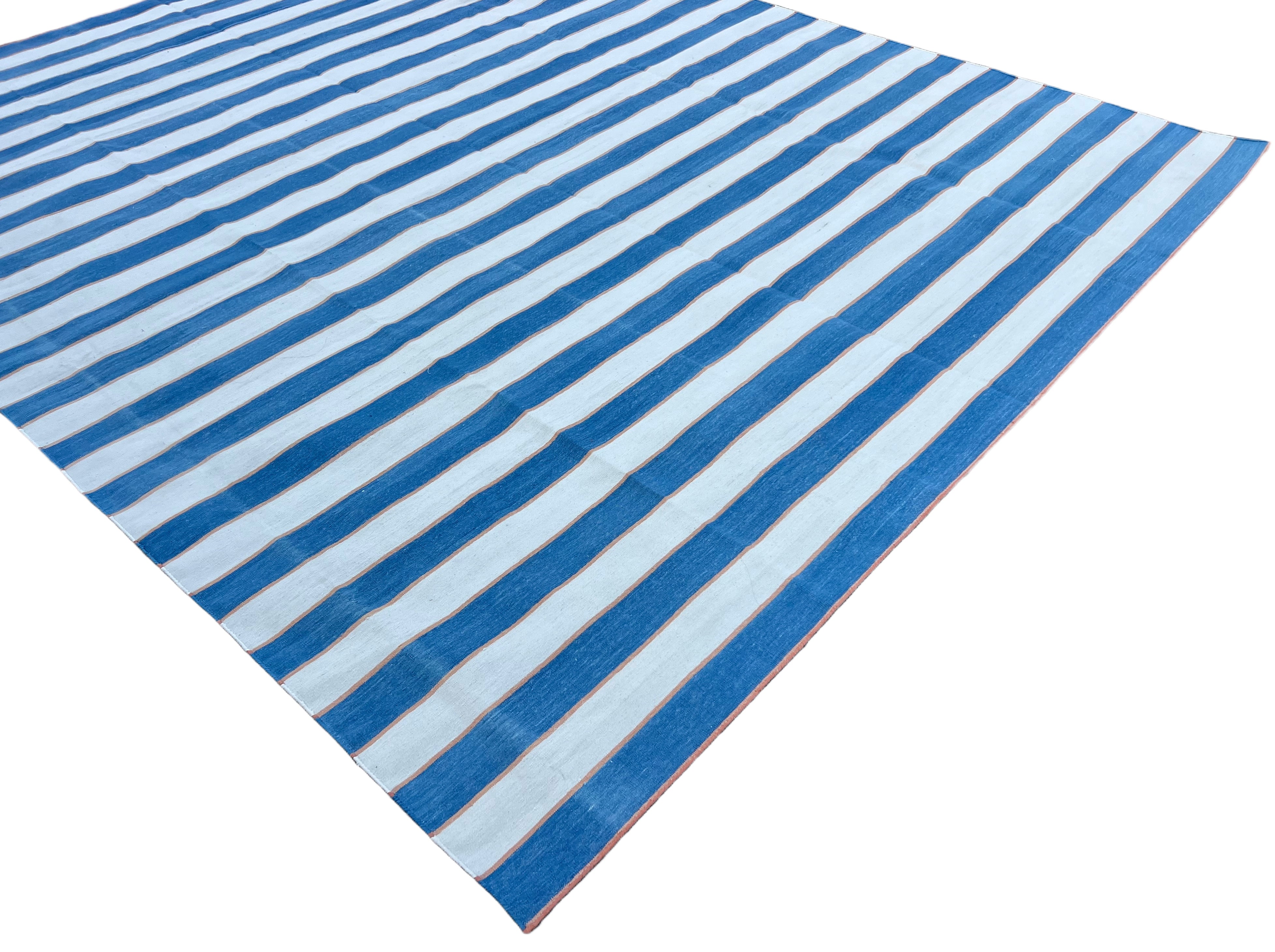 Modern Handmade Cotton Blue And Cream Striped Rug-6702