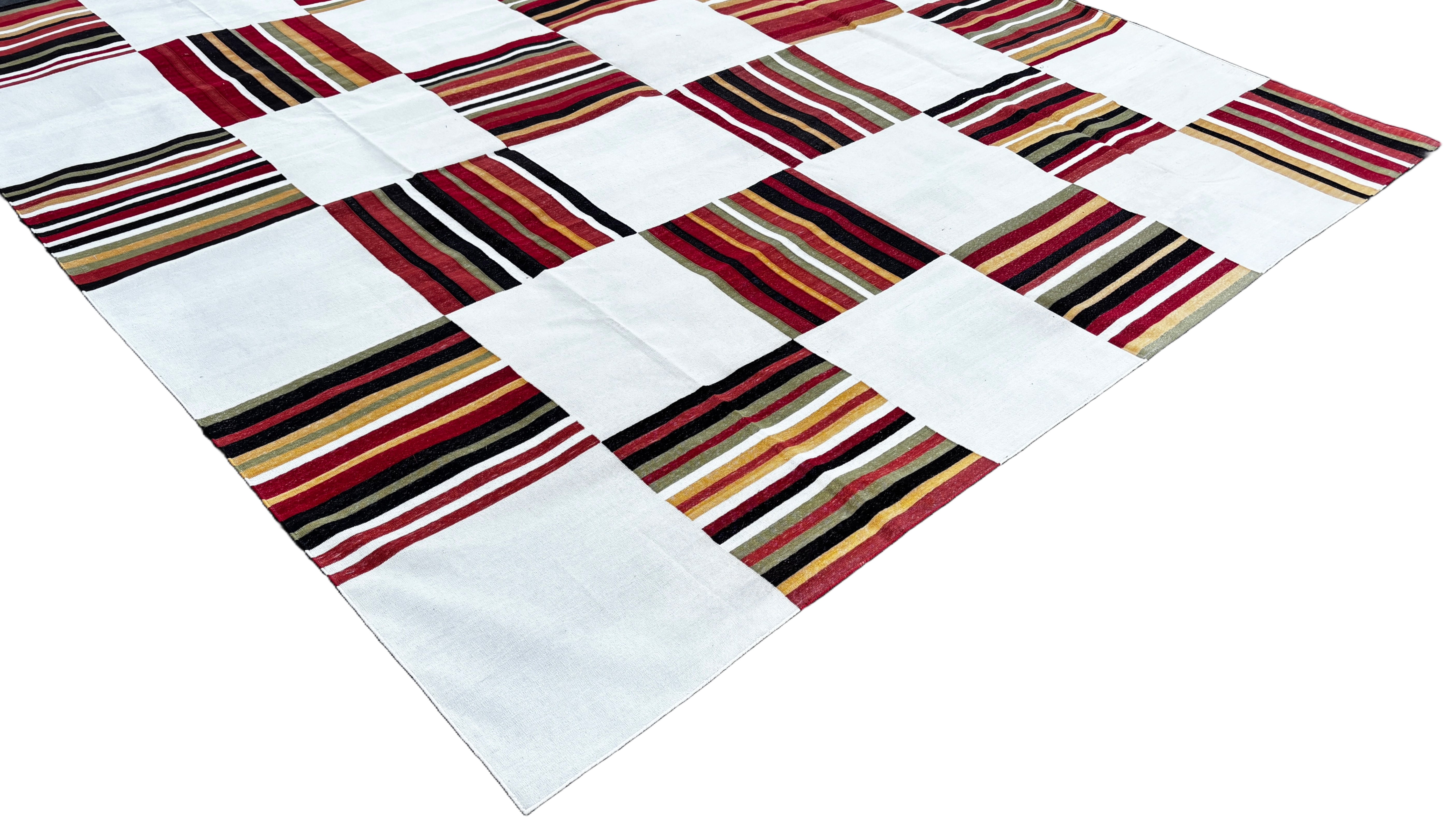 Modern Handmade Cotton Rug, 10x10 Cream, Red, Green, Brown Tile Striped Rug-6768