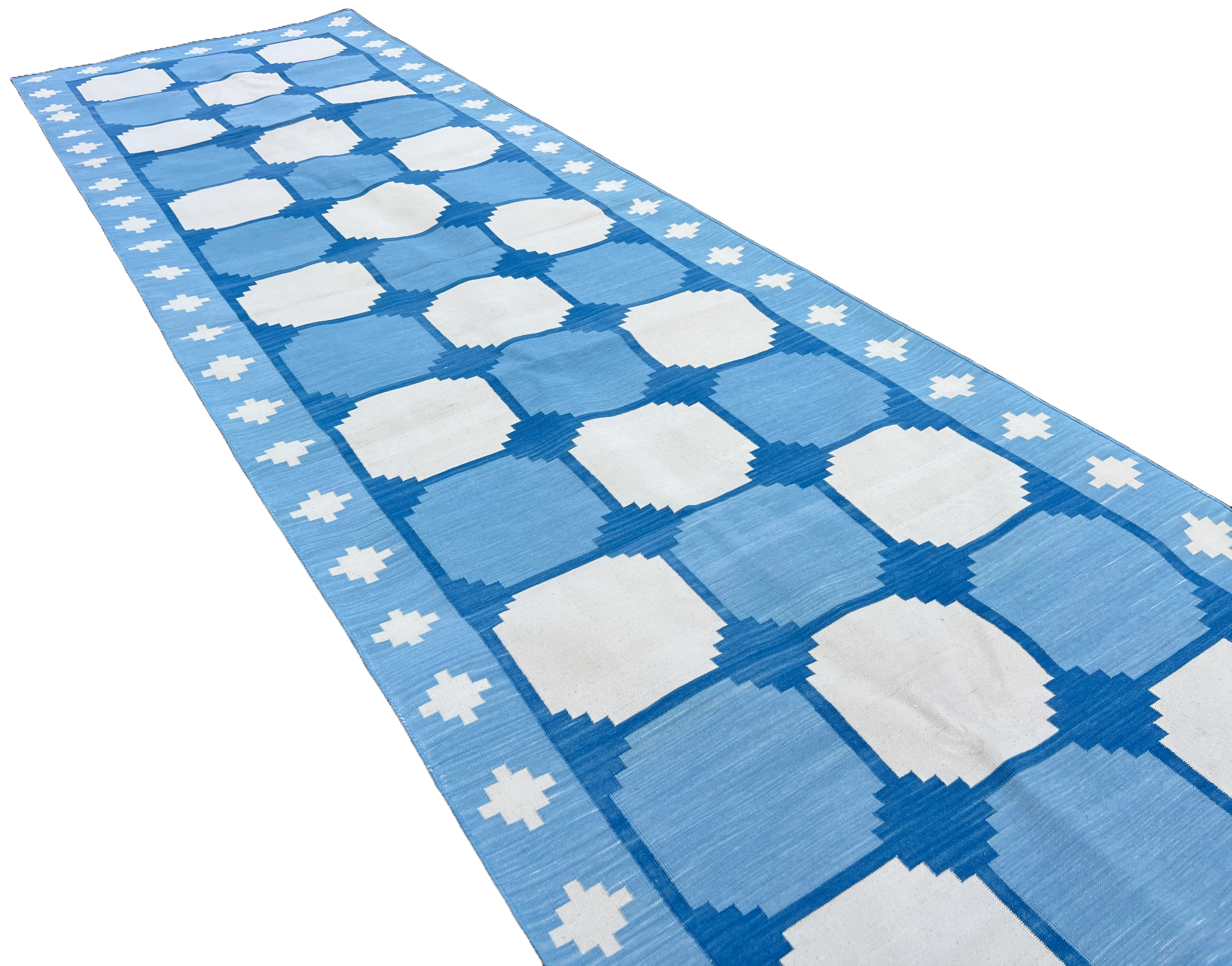 Modern Handmade Cotton Sky Blue And White Tile Swedish Runner-6733