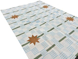 Modern Handmade Cotton Cream, Blue, Green And Tan Star Dash Striped Rug-6740