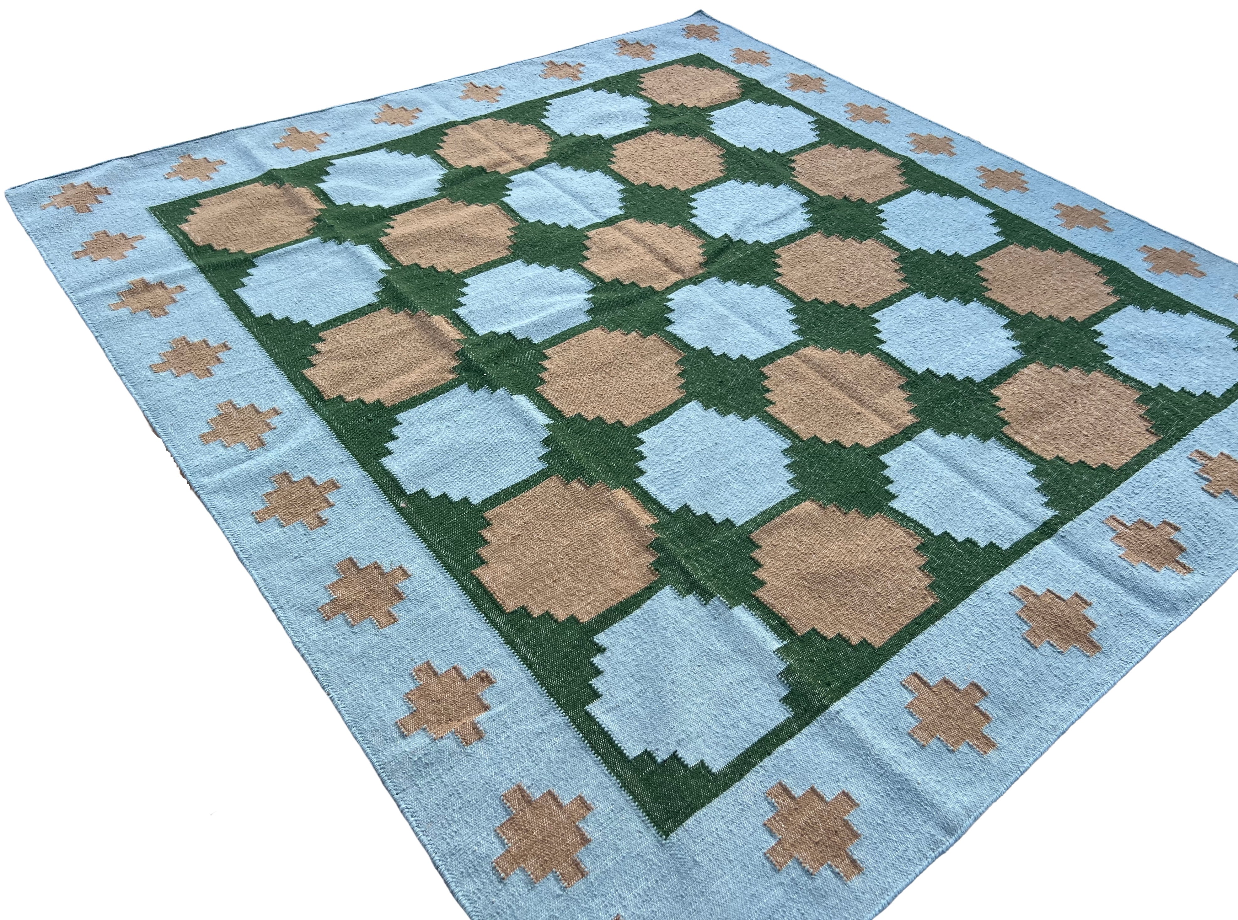 Modern Handmade New Zealand Wool Sky Blue, Beige And Green Tile Swedish Rug-6810