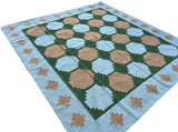 Modern Handmade New Zealand Wool Sky Blue, Beige And Green Tile Swedish Rug-6810