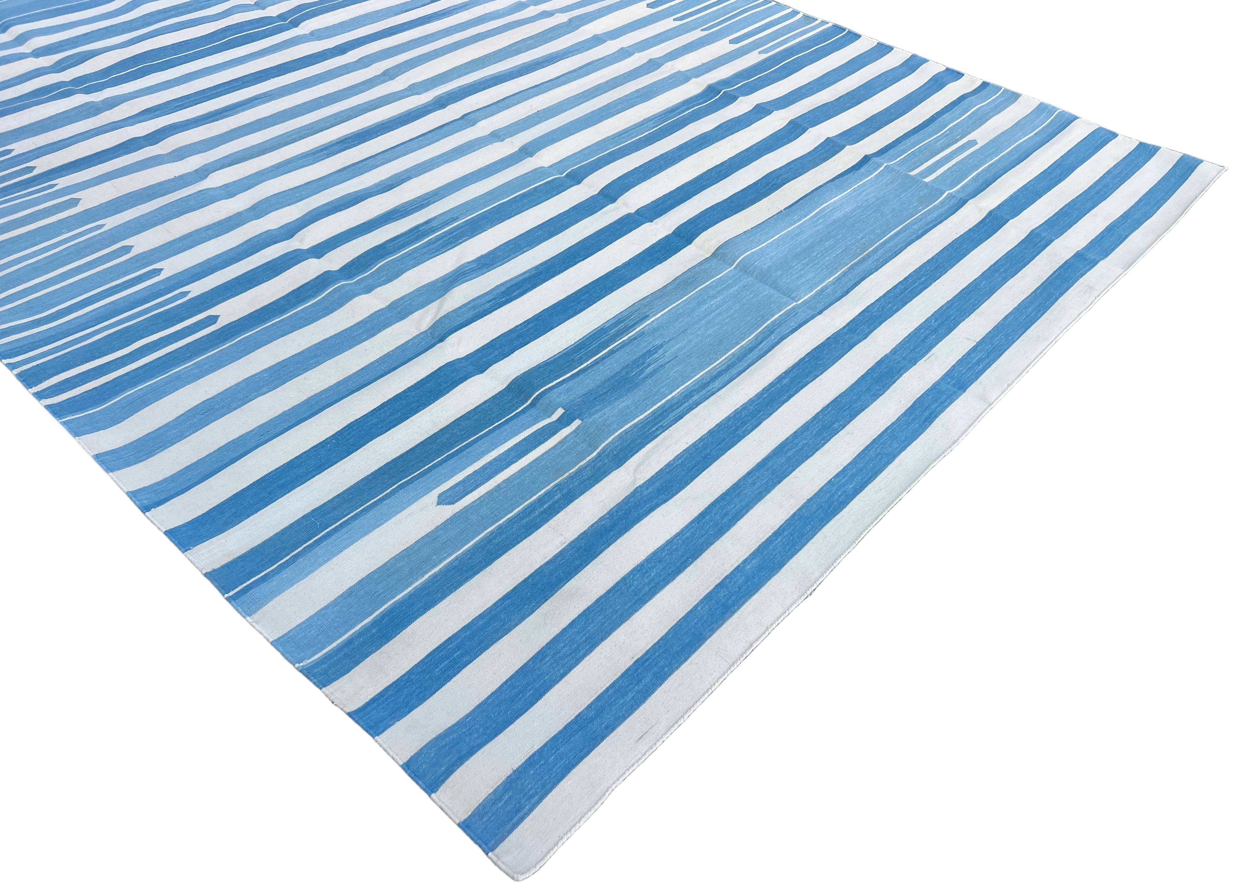 Modern Handmade Cotton Blue And White Candle Striped Rug-6745