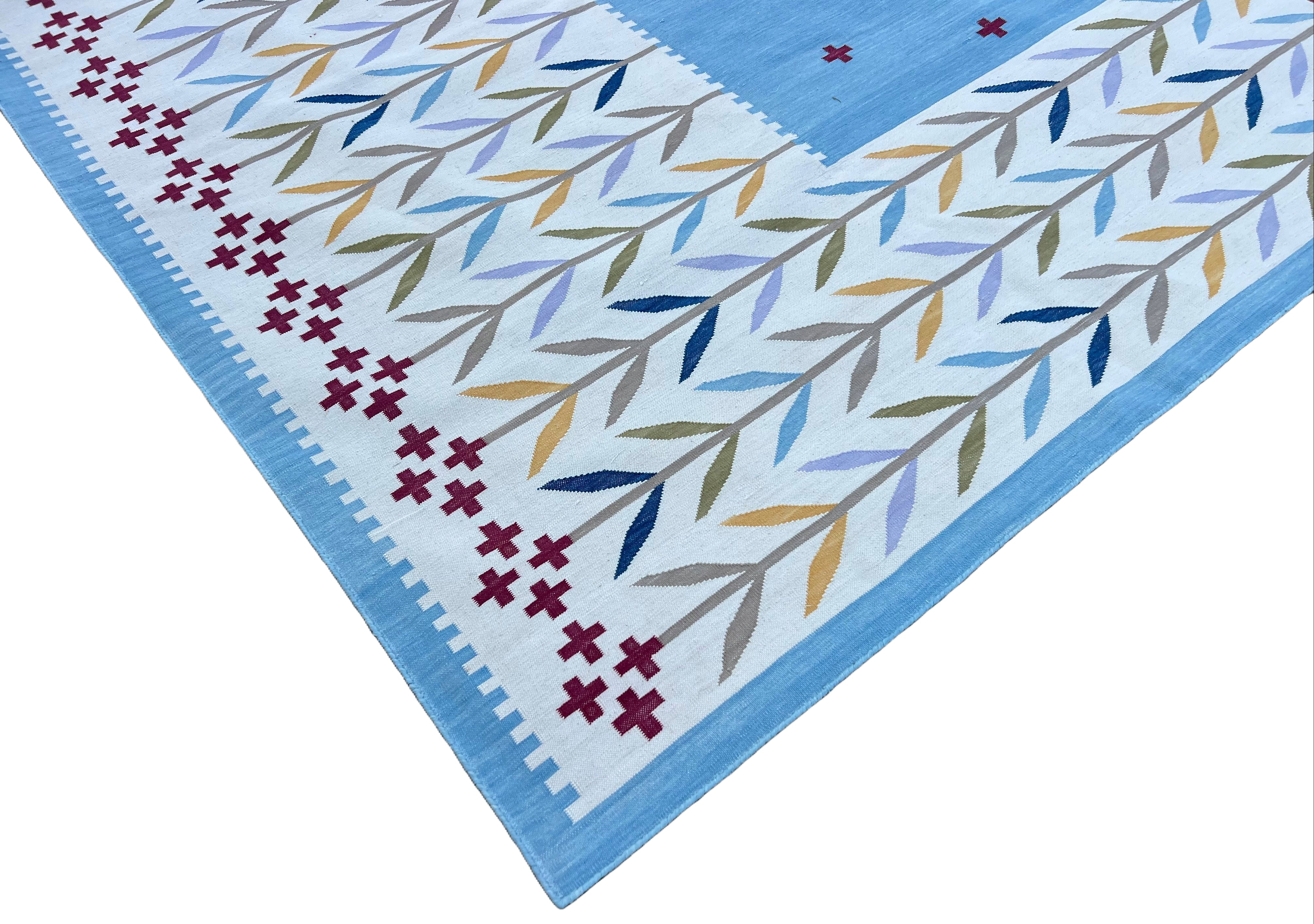 Modern Handmade Cotton Area Flat Weave Rug, Natural Vegetable Dyed, Sky Blue And Cream Leaf Indian Dhurrie