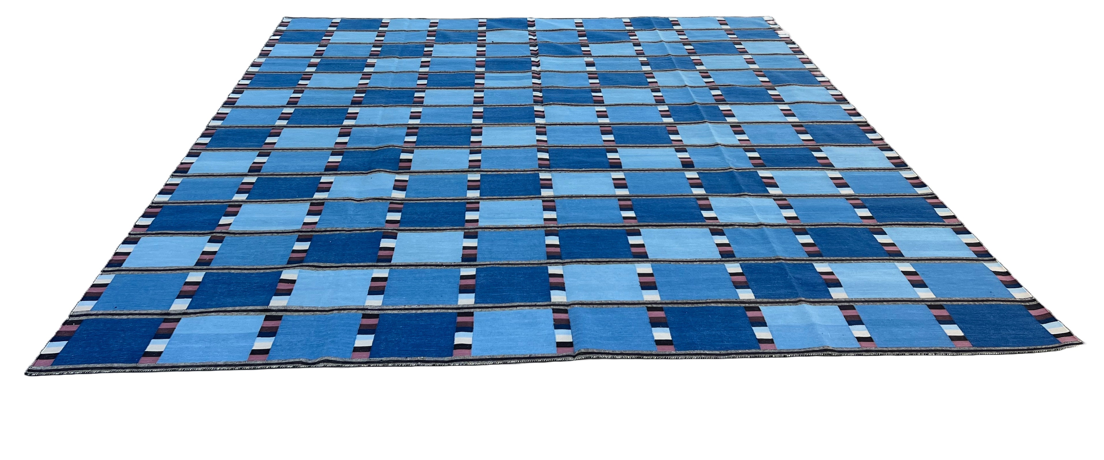 Modern Handmade Cotton Area Flat Weave Rug, Blue, Cream And Brown Checked Dhurrie-6724