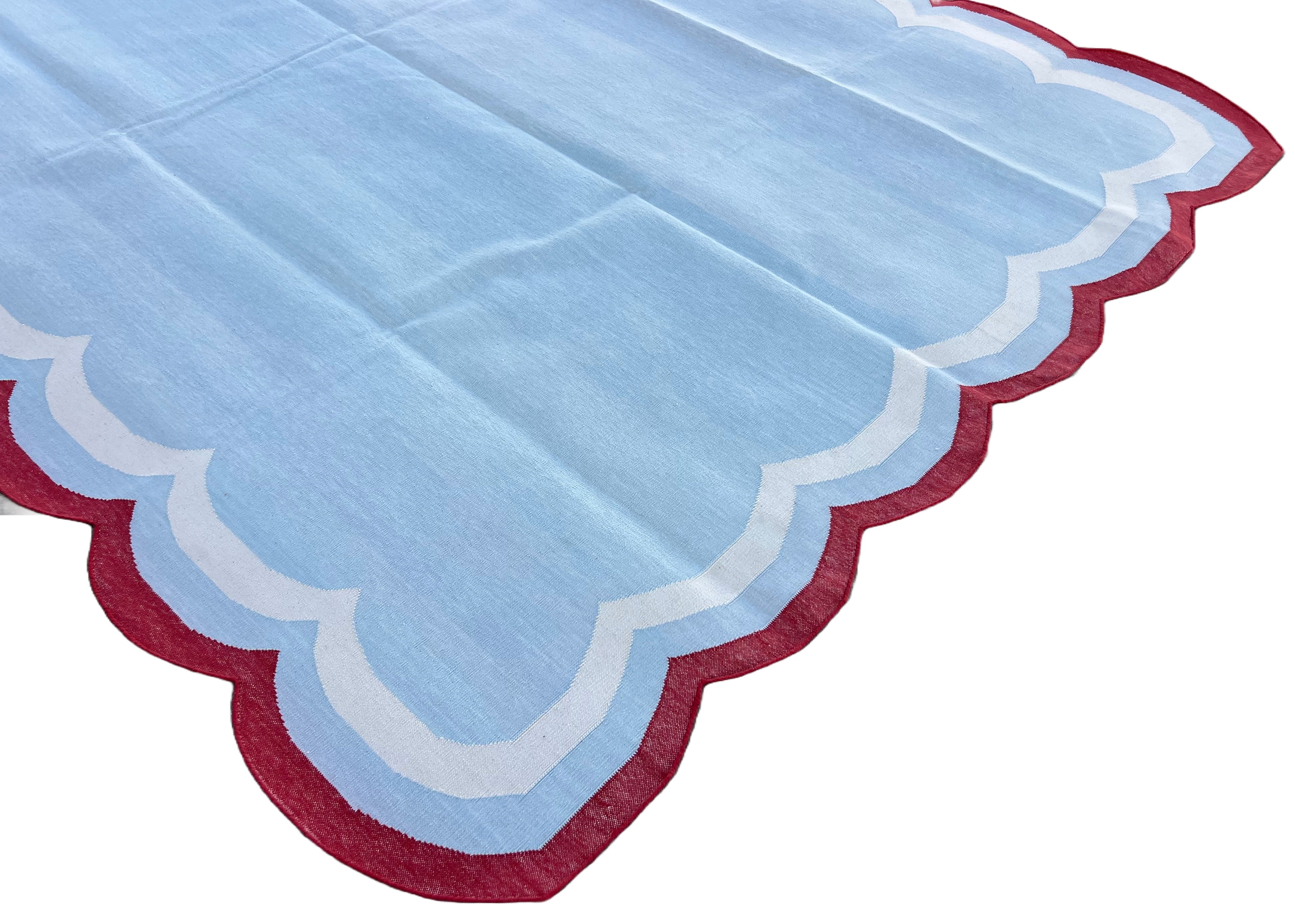 Modern Handmade Cotton Sky Blue, Cream and Red Scalloped Rug-9648