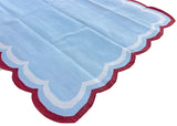 Modern Handmade Cotton Sky Blue, Cream and Red Scalloped Rug-9648