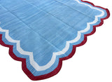 Modern Handmade Cotton Sky Blue, Cream and Red Scalloped Rug-9651