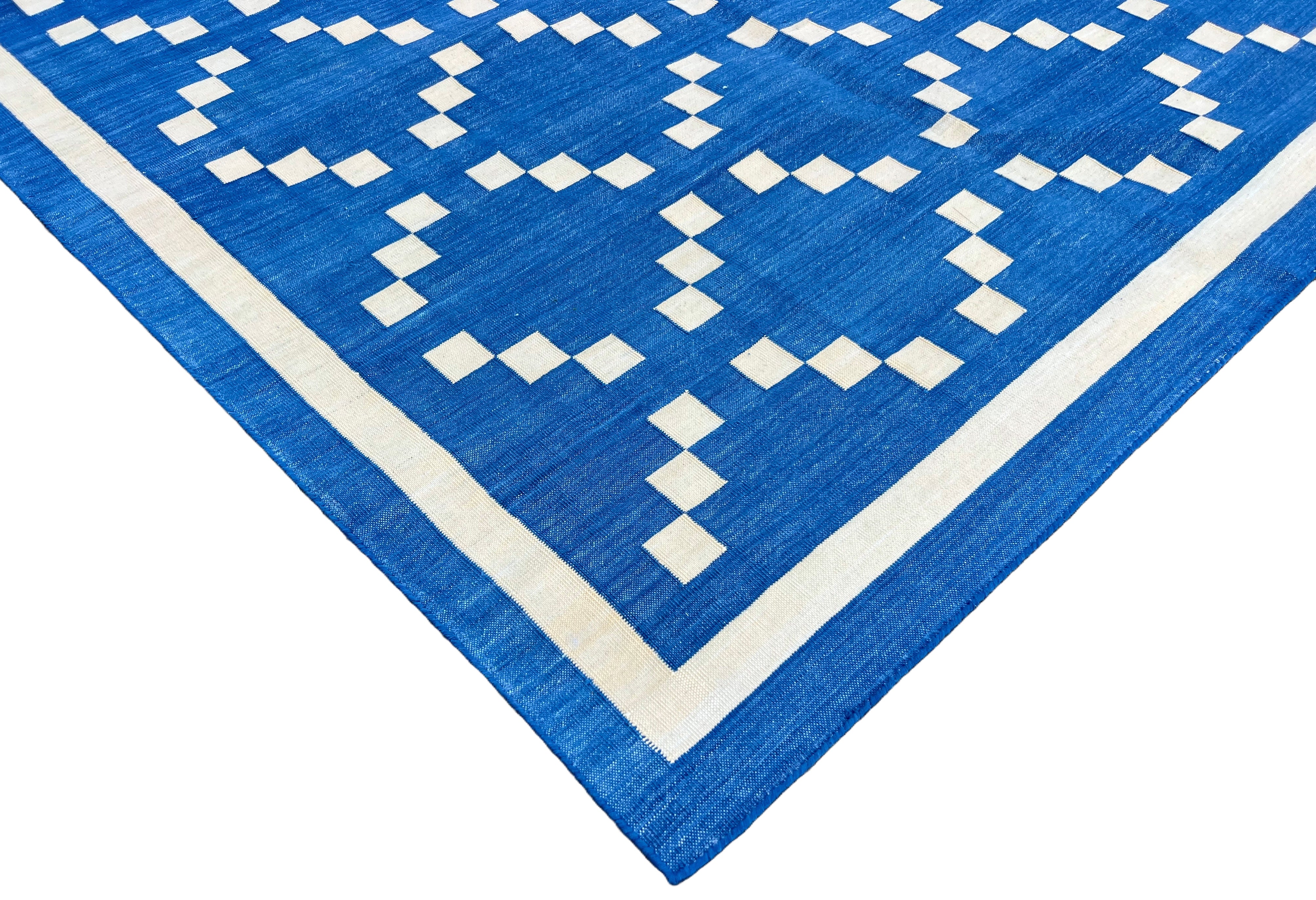 Modern Handmade Cotton Indigo Blue And Cream Diamond Rug-6738