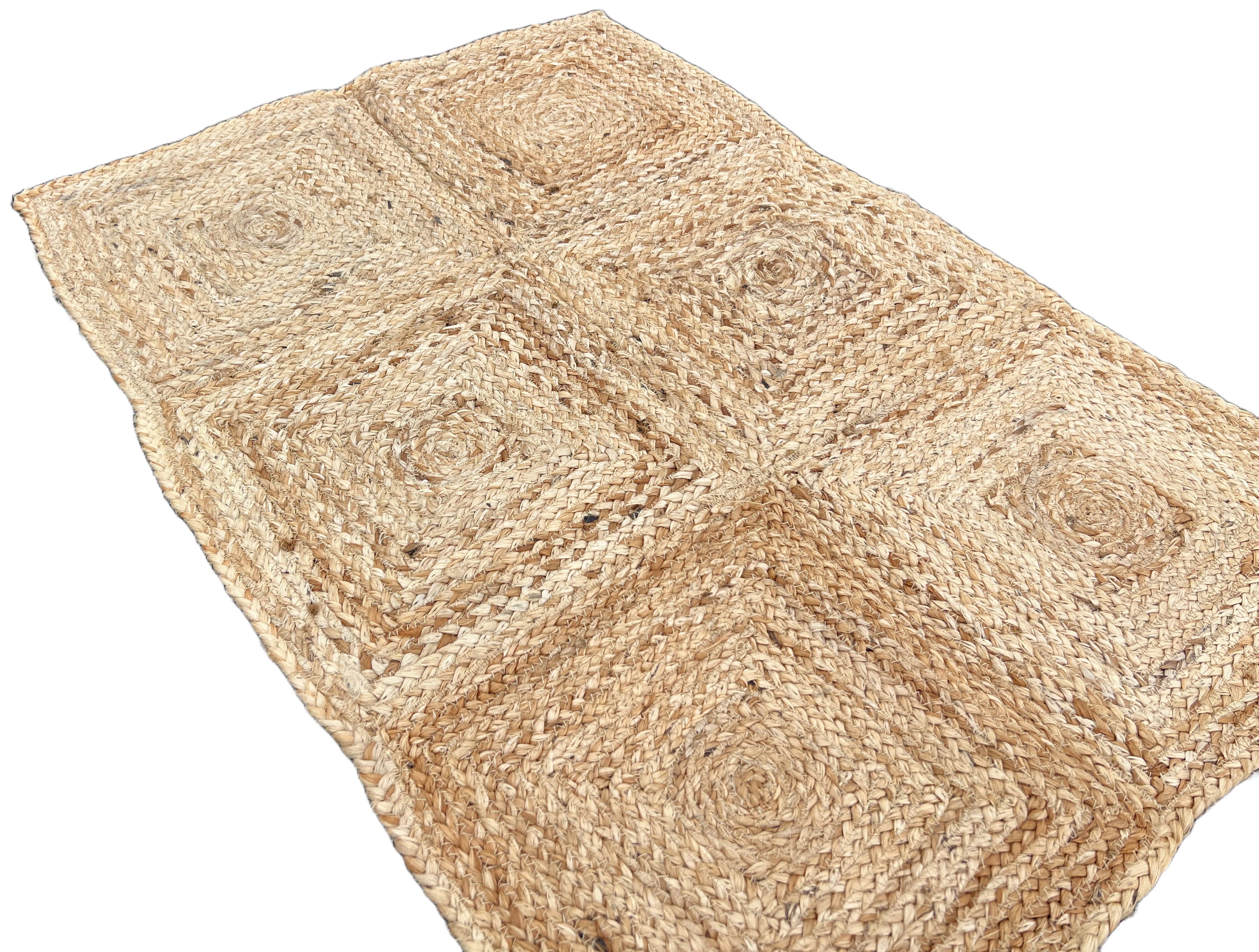 Modern Handmade Natural Jute Checked Blocked Rug Indian Dhurrie -8044