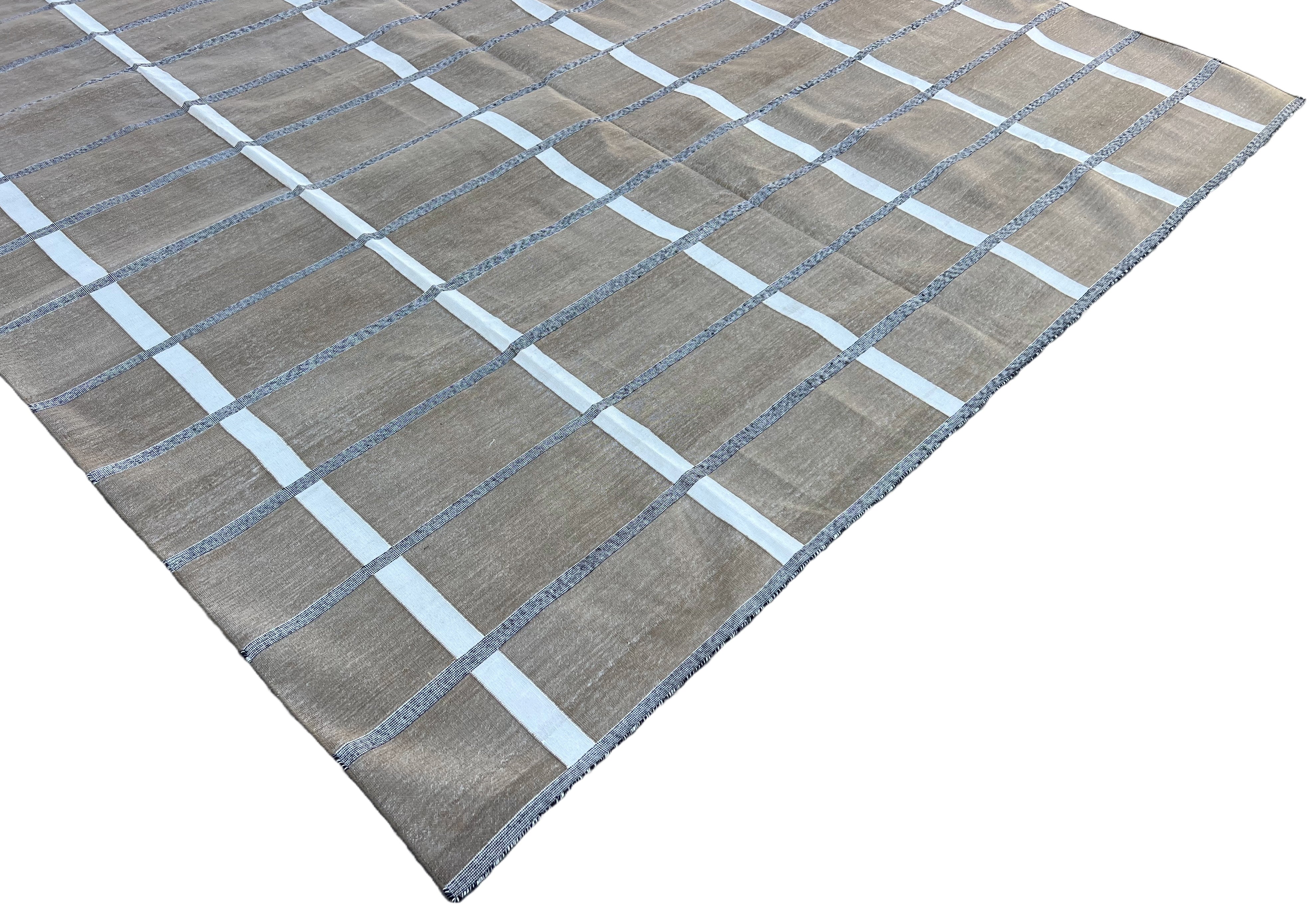 Modern Handmade Cotton Area Flat Weave Rug, Beige And Cream Checked Indian Dhurrie-6725