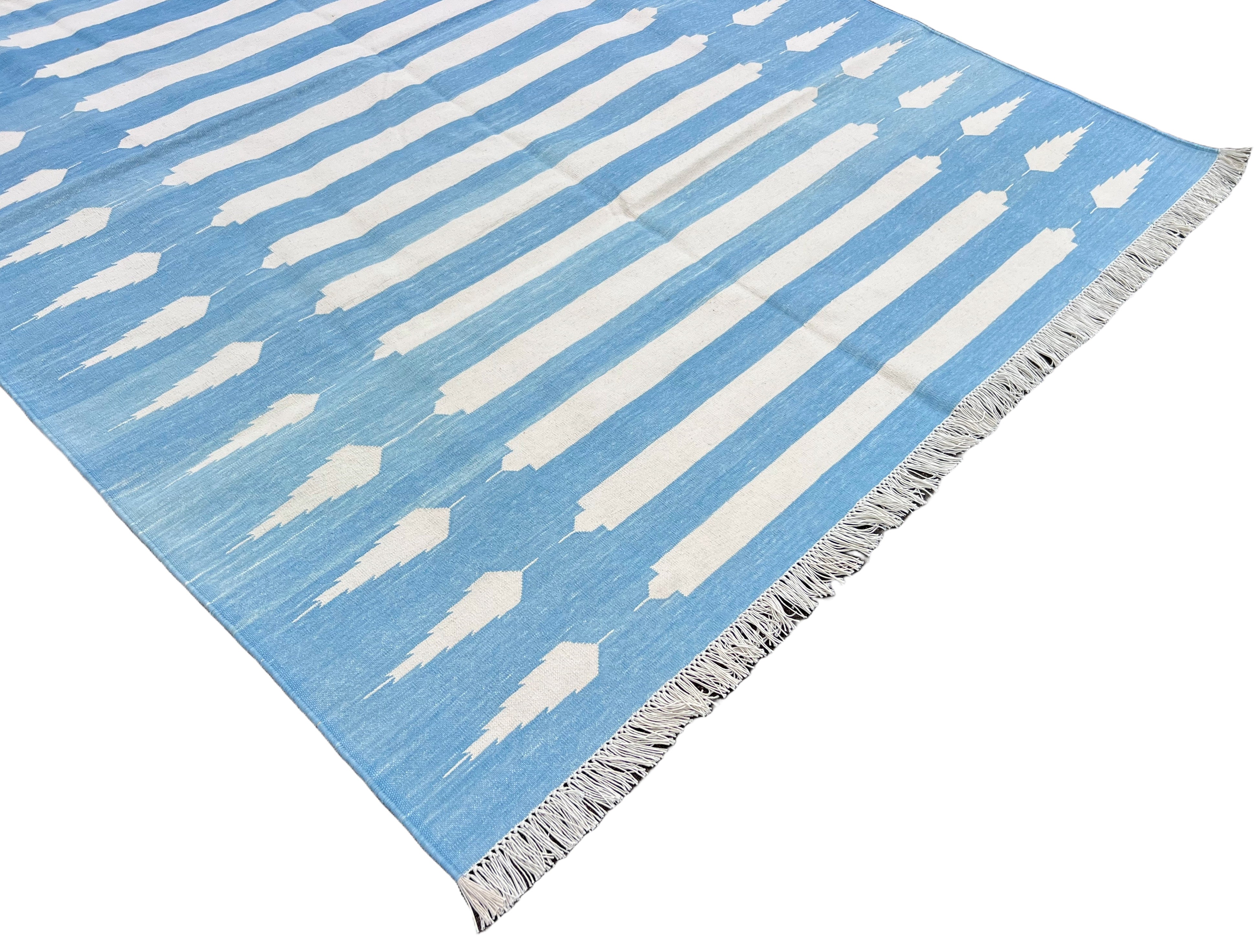 Modern Handmade Cotton Sky Blue And White Arrow Striped Rug-6746