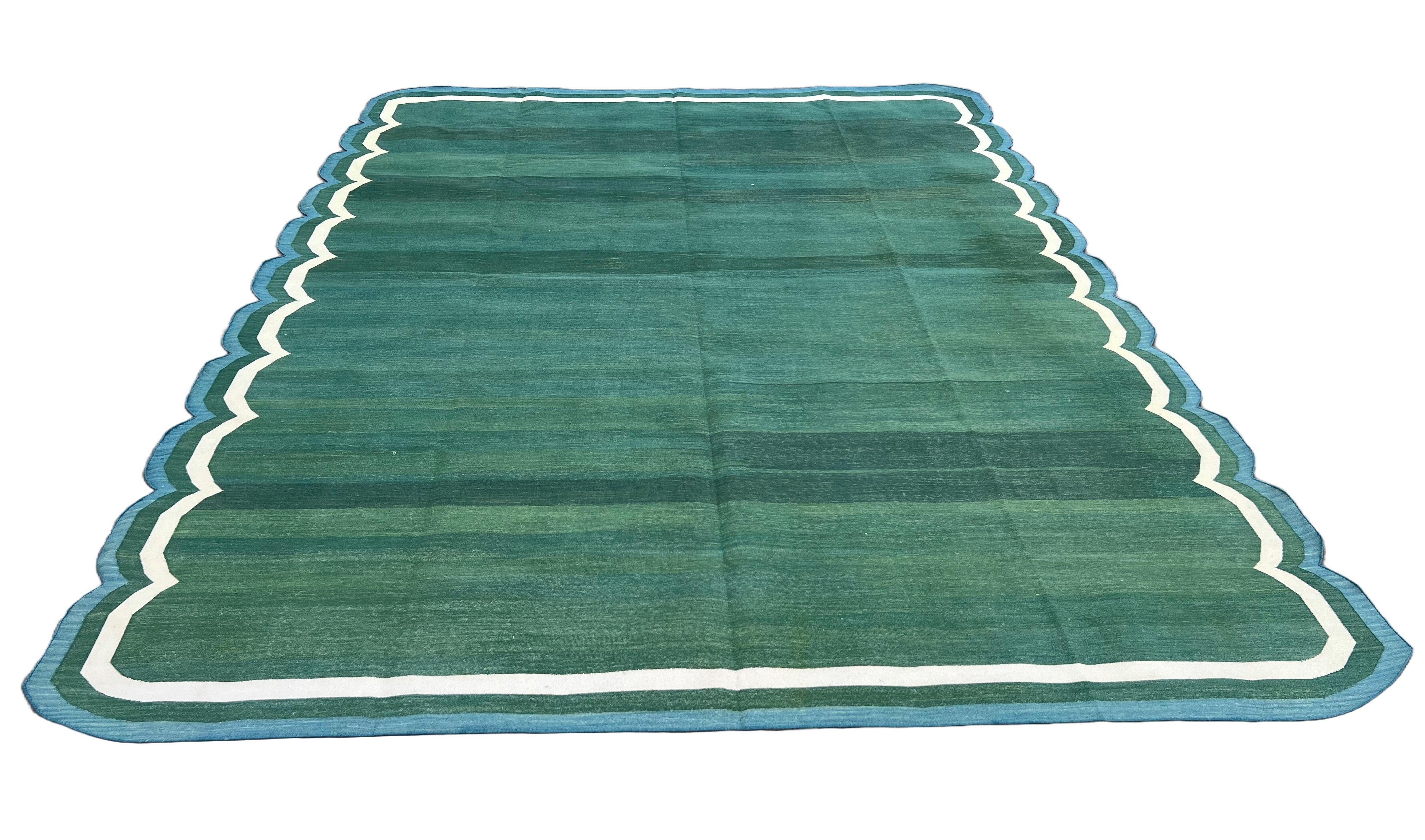 Modern Handmade Cotton Forest Green, Cream and Teal Blue Scalloped Rug-9649