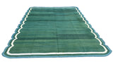 Modern Handmade Cotton Forest Green, Cream and Teal Blue Scalloped Rug-9649