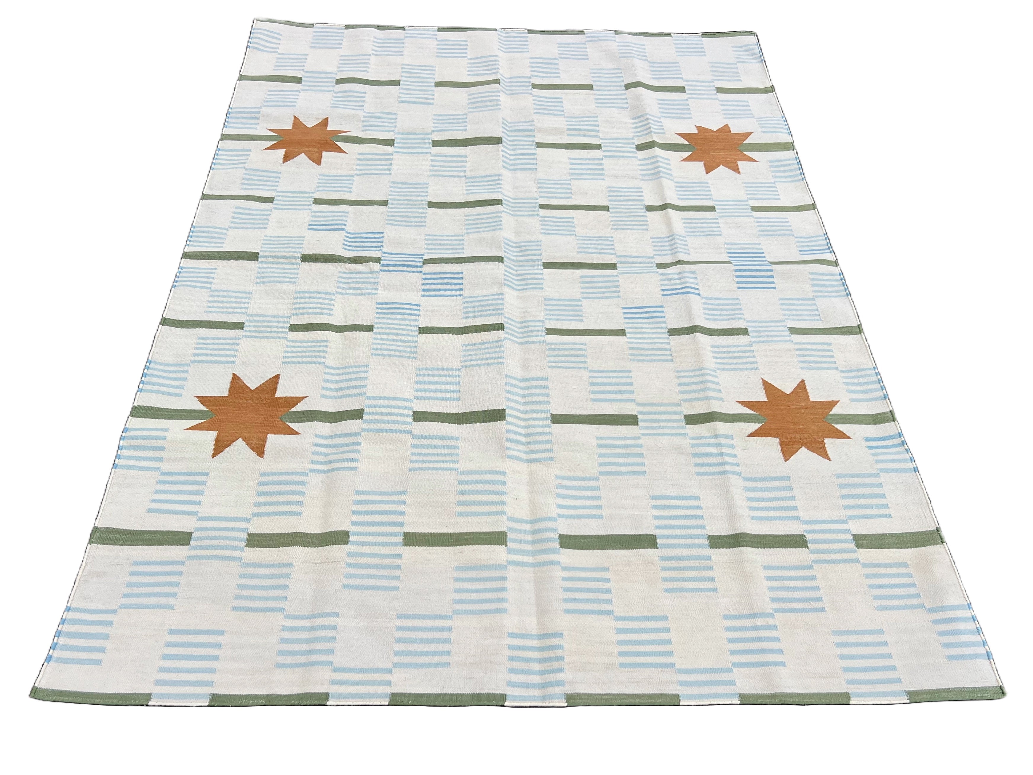 Modern Handmade Cotton Cream, Blue, Green And Tan Star Dash Striped Rug-6740