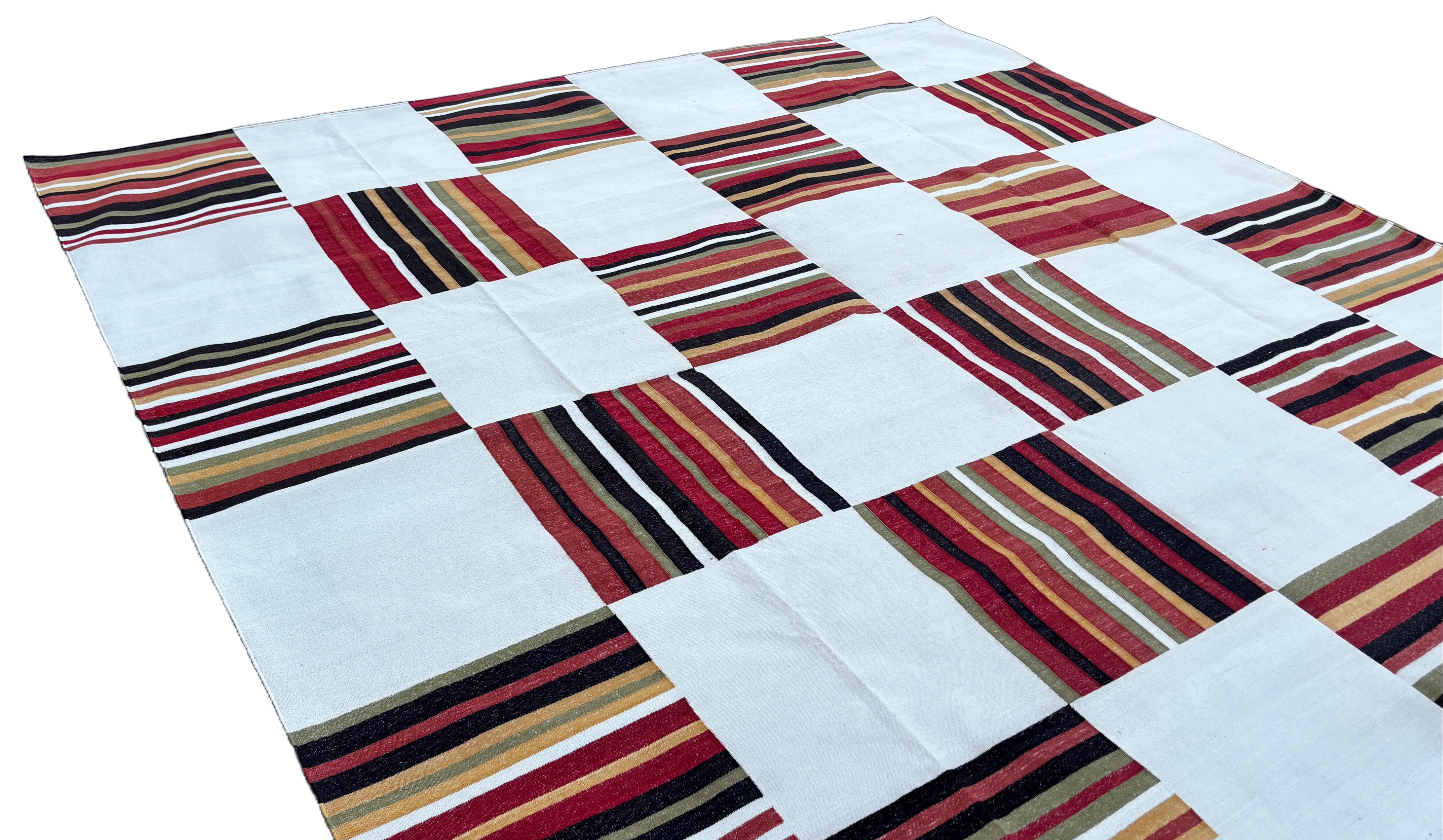 Modern Handmade Cotton Rug, 10x10 Cream, Red, Green, Brown Tile Striped Rug-6768