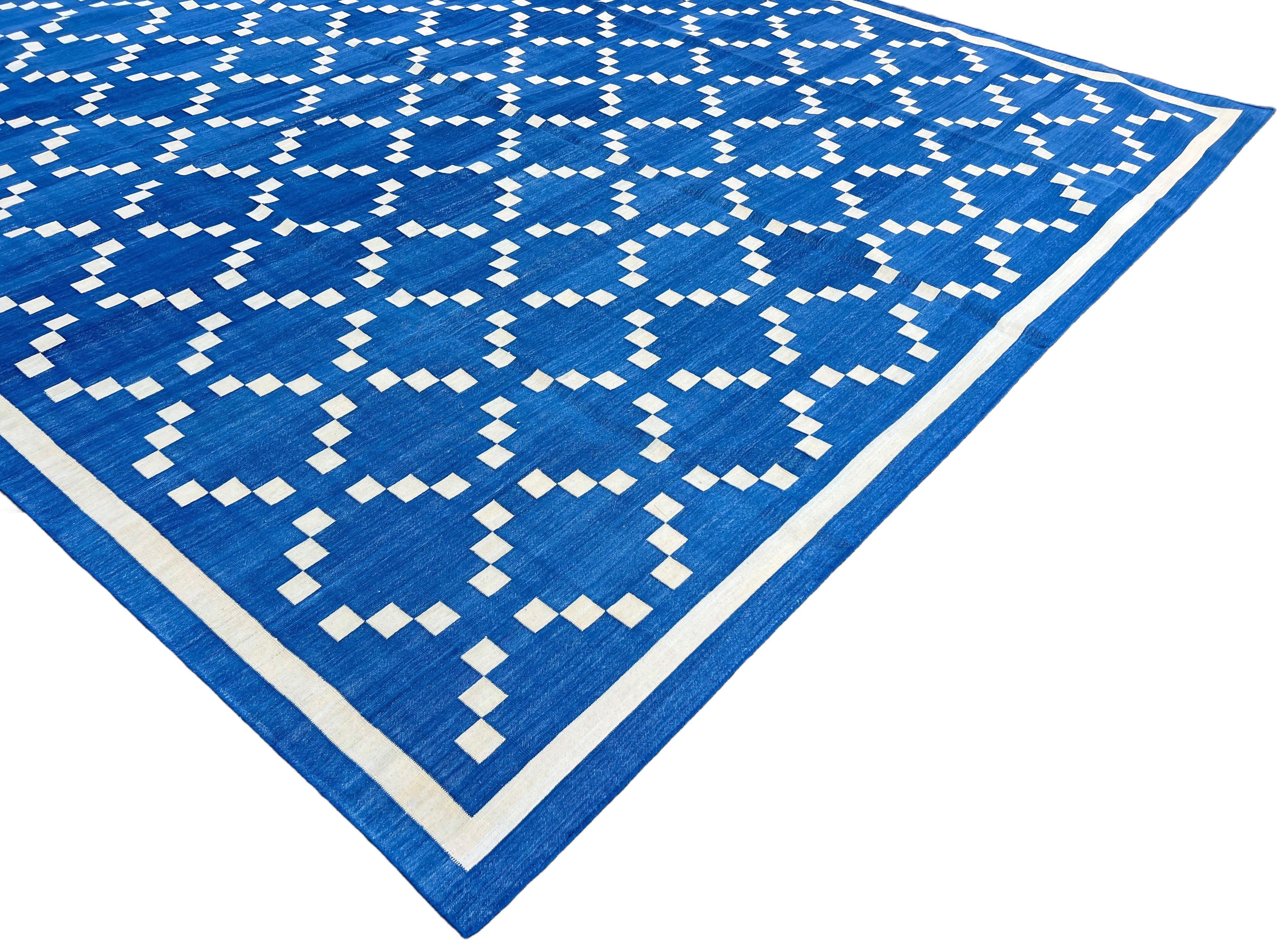 Modern Handmade Cotton Indigo Blue And Cream Diamond Rug-6738
