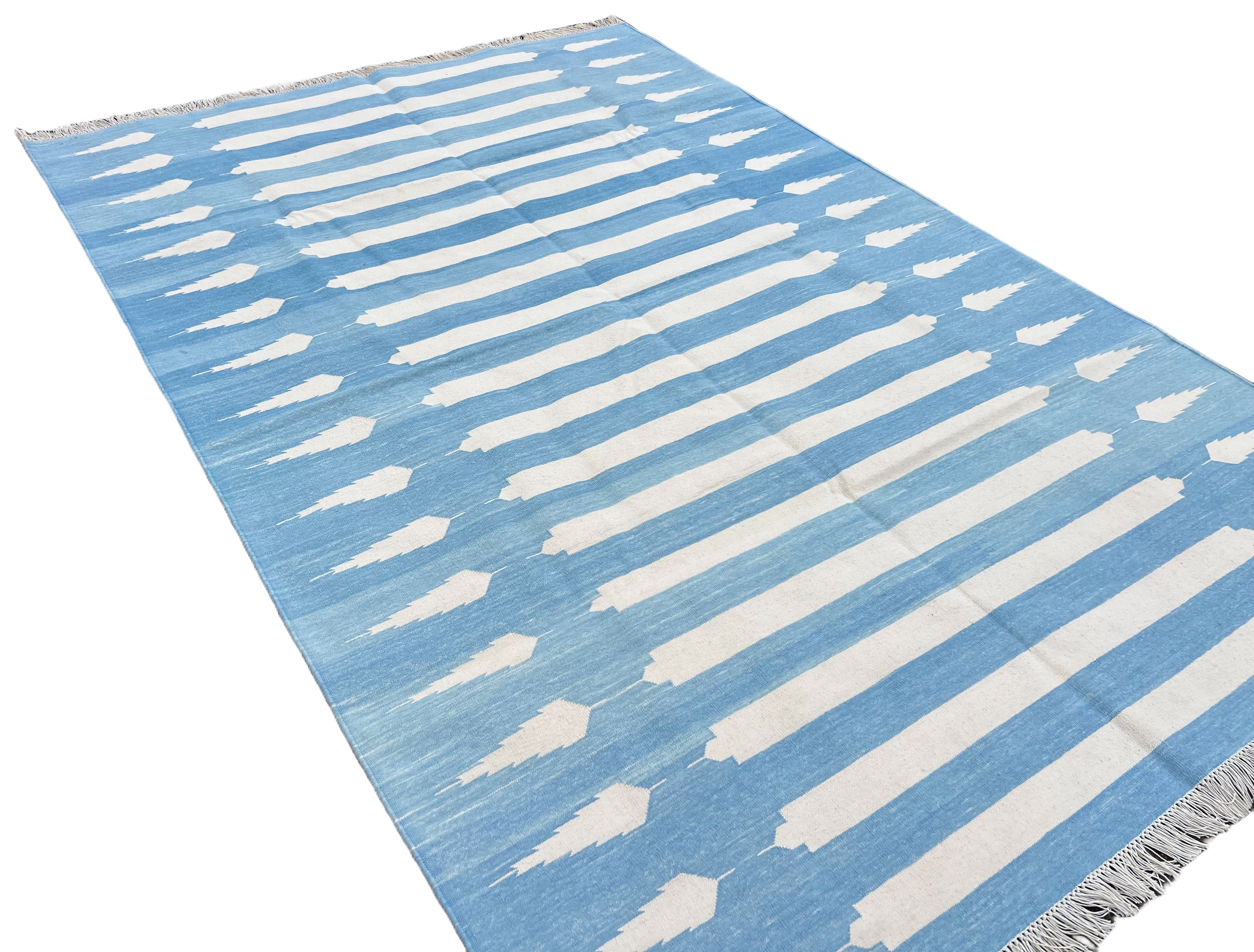 Modern Handmade Cotton Sky Blue And White Arrow Striped Rug-6746