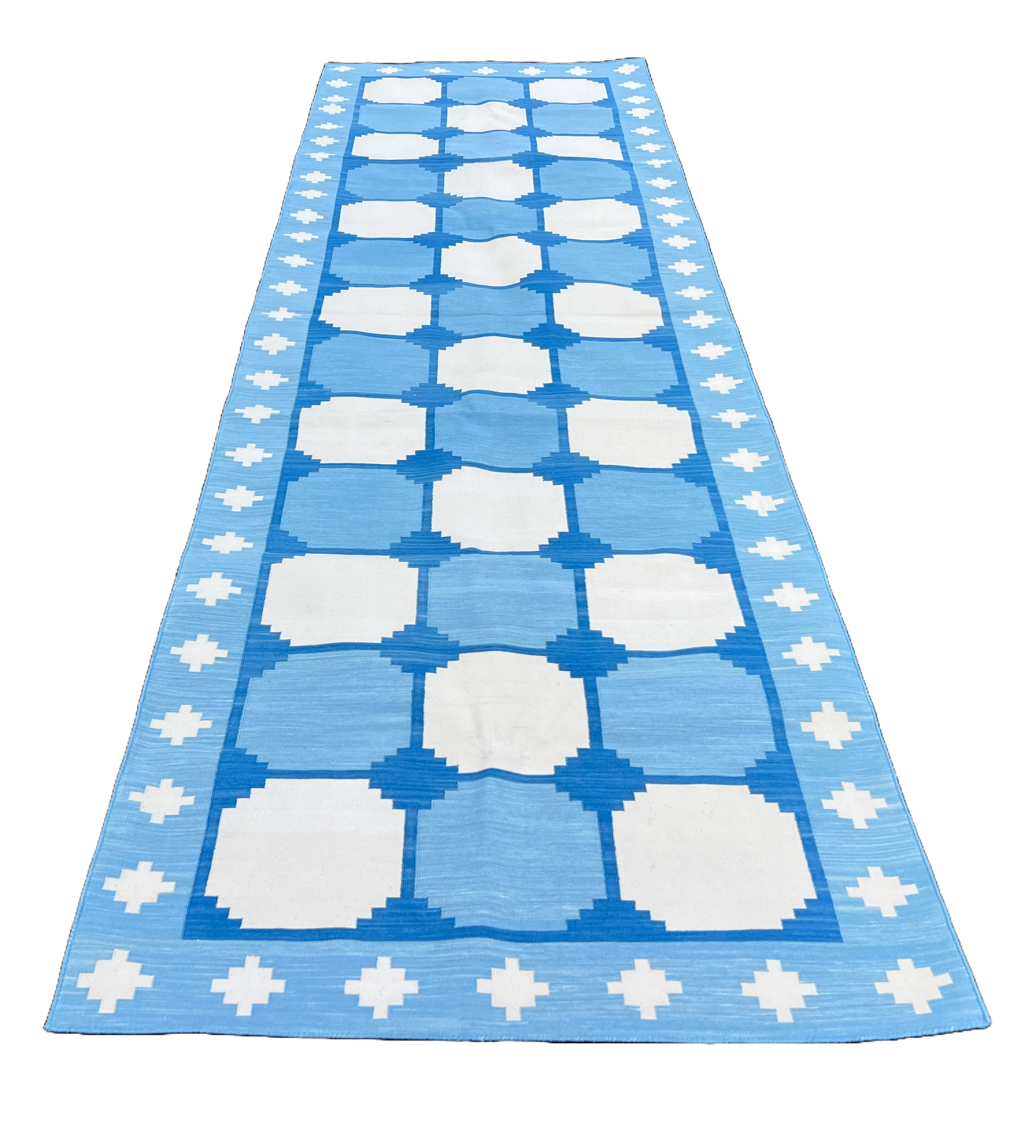 Modern Handmade Cotton Sky Blue And White Tile Swedish Runner-6733