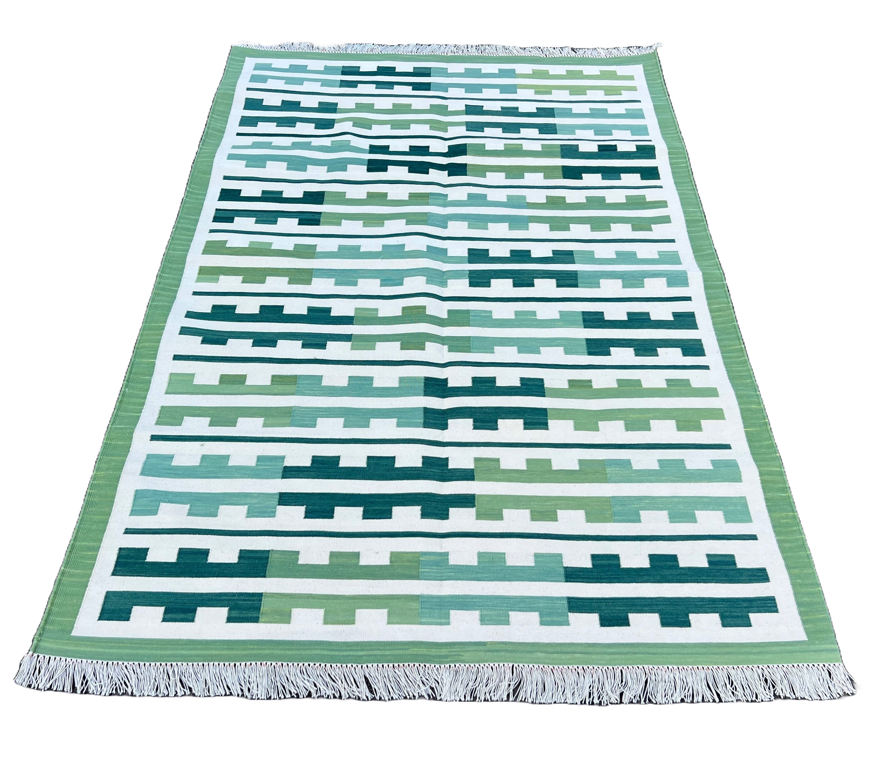 Modern Handmade Cotton Green And Cream Marianne Striped Rug-6739