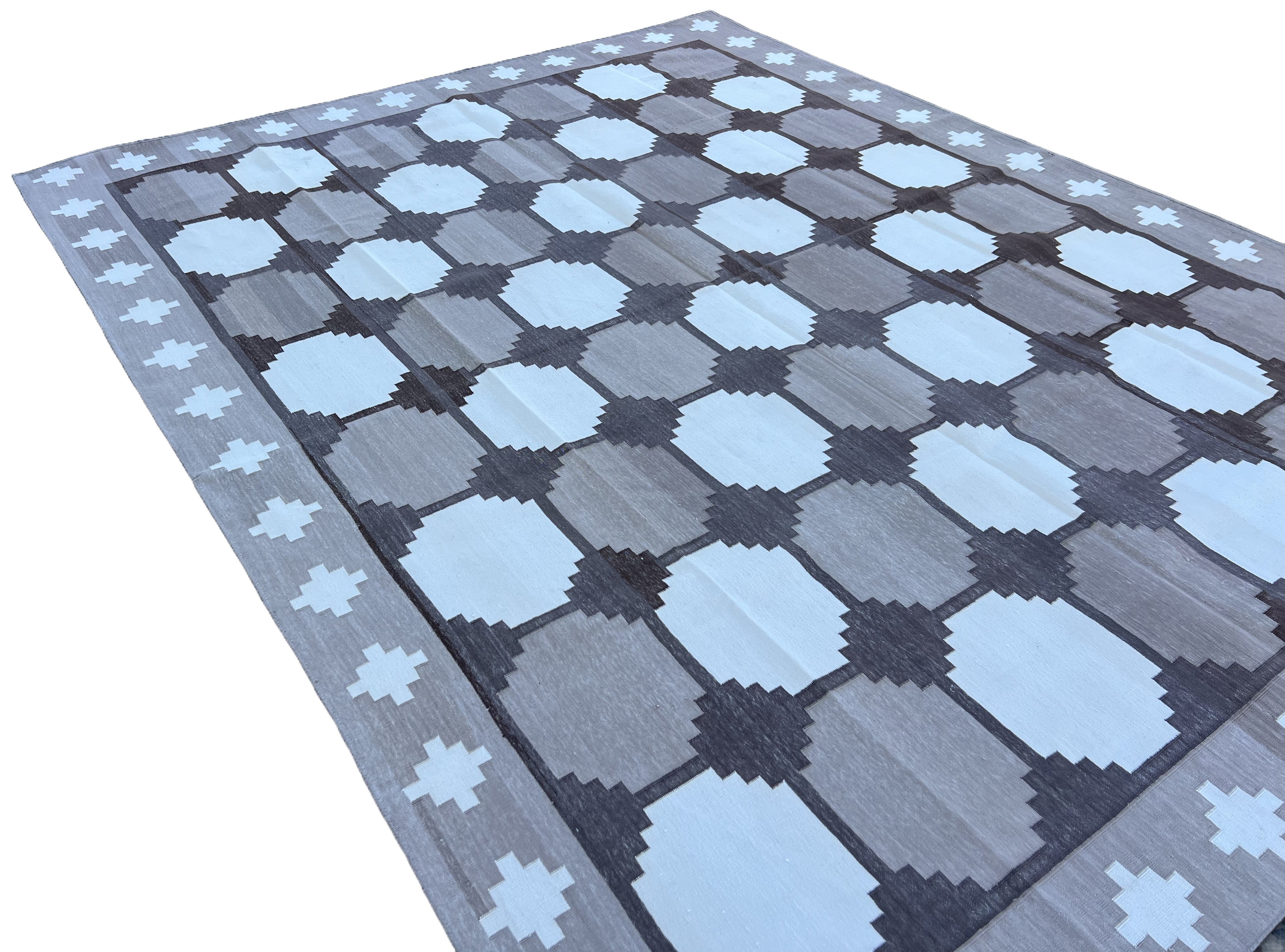Modern Handmade Cotton Beige And Brown Geometric Swedish Star Rug-6759