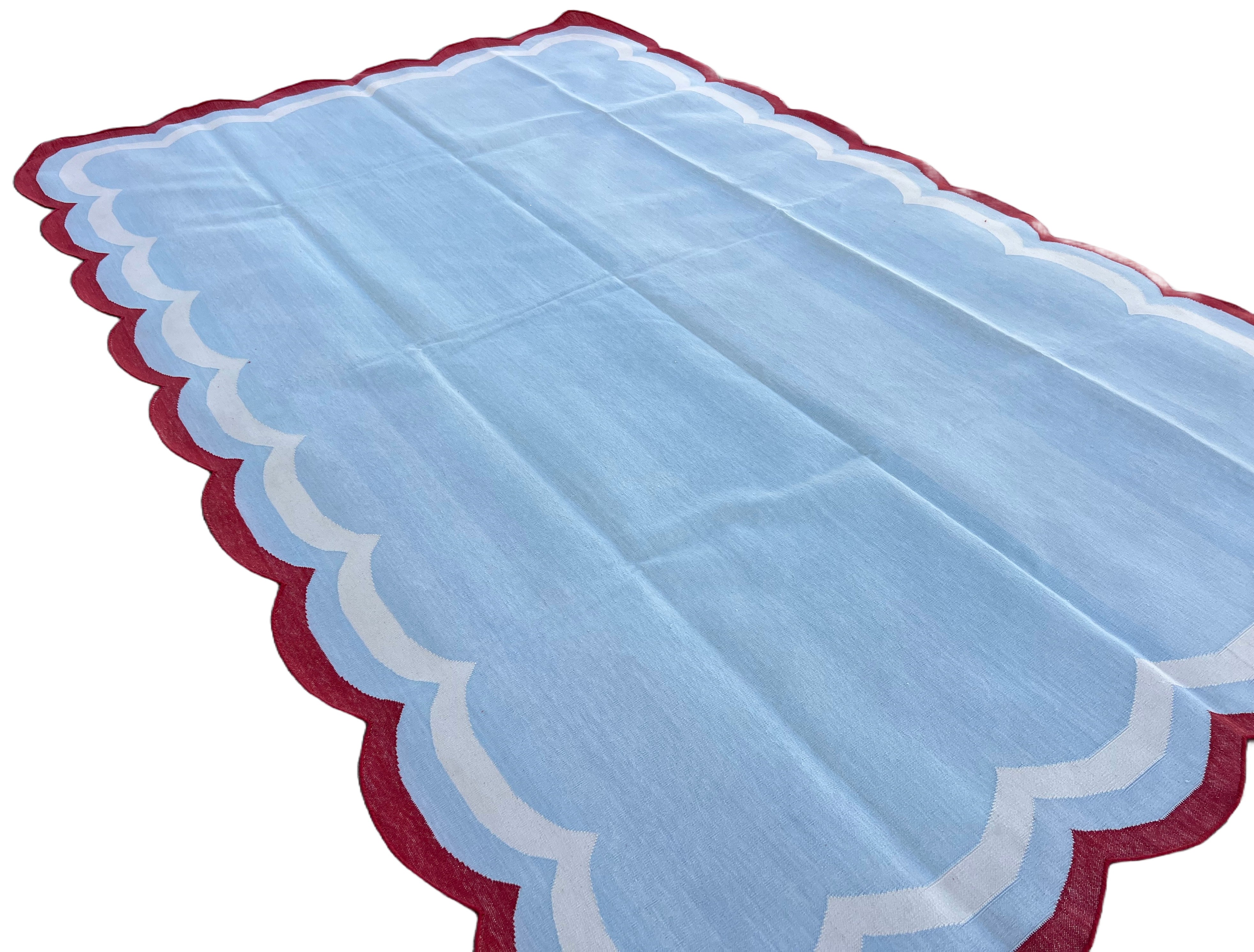 Modern Handmade Cotton Sky Blue, Cream and Red Scalloped Rug-9648