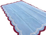 Modern Handmade Cotton Sky Blue, Cream and Red Scalloped Rug-9648