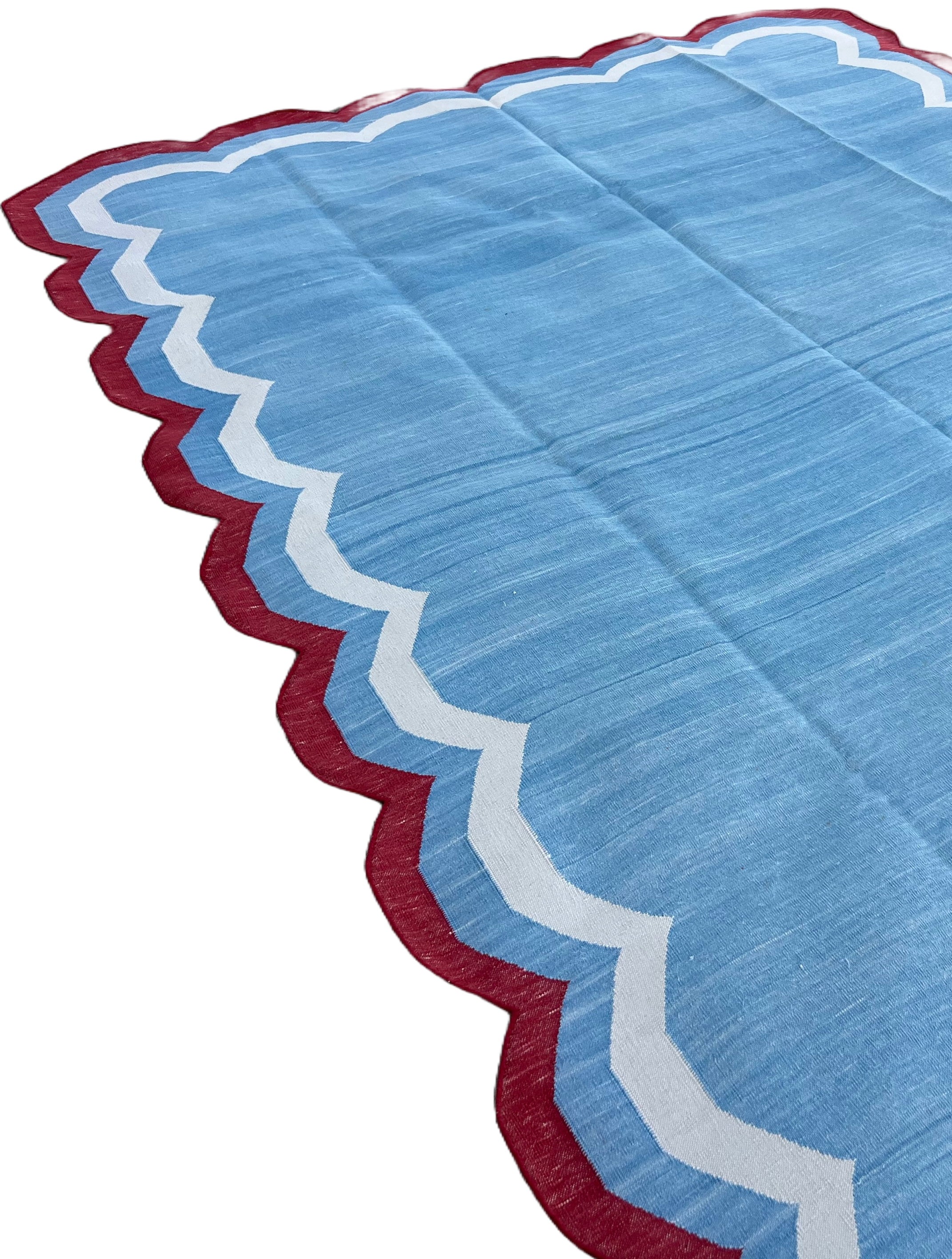 Modern Handmade Cotton Sky Blue, Cream and Red Scalloped Rug-9651