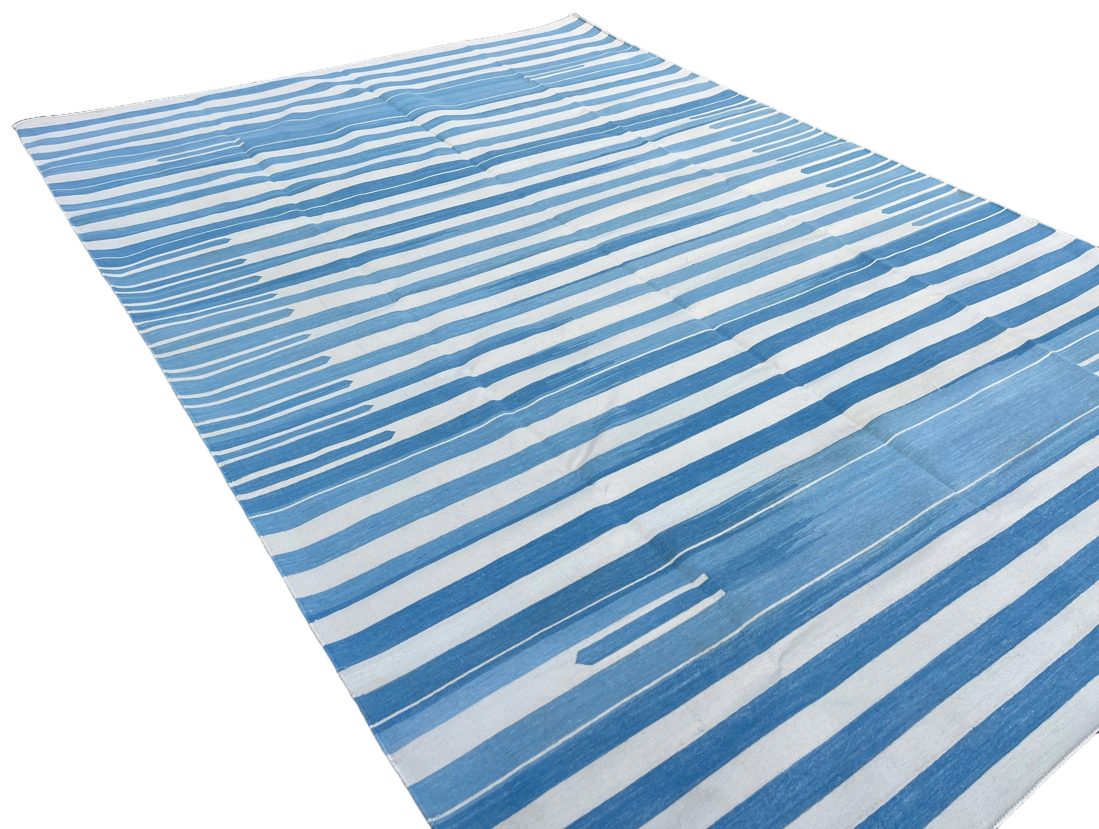Modern Handmade Cotton Blue And White Candle Striped Rug-6745