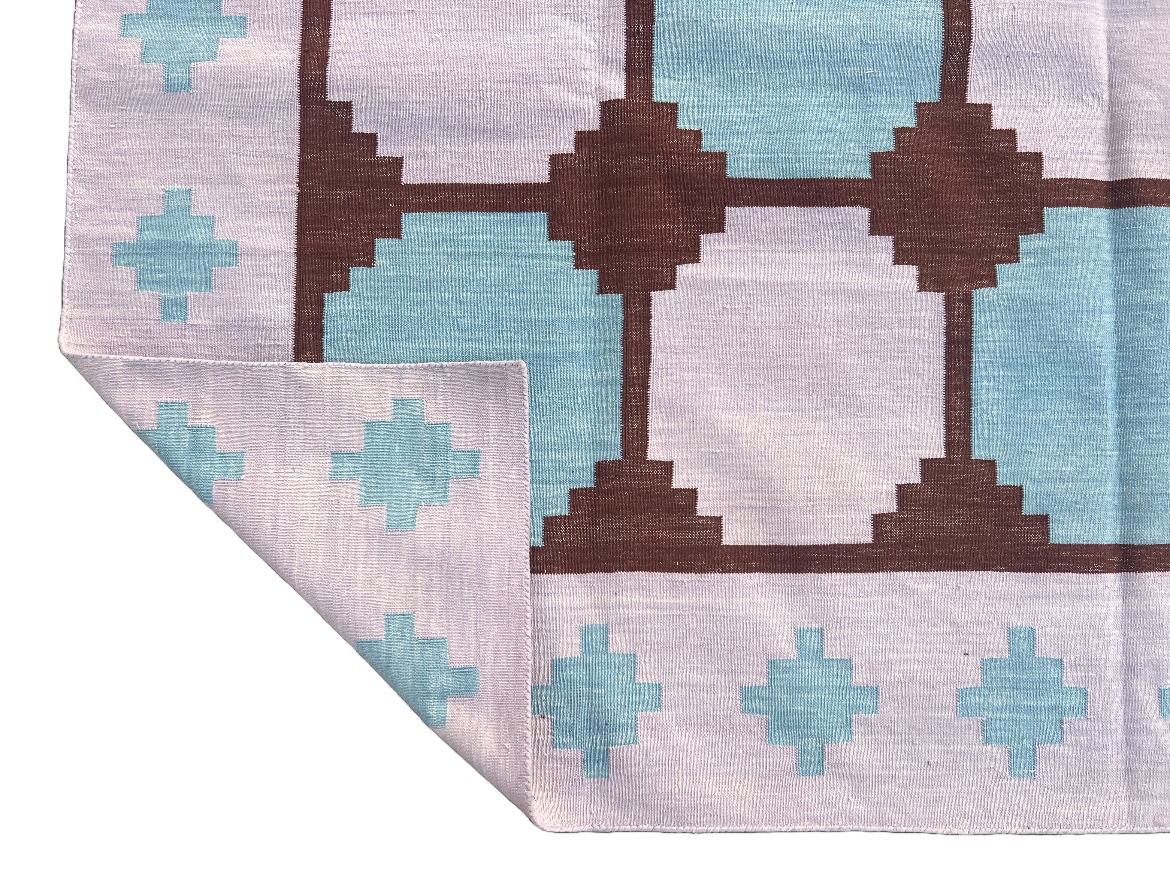 Modern Handmade Cotton Lavender And Blue Geometric Tile Star Rug-6539