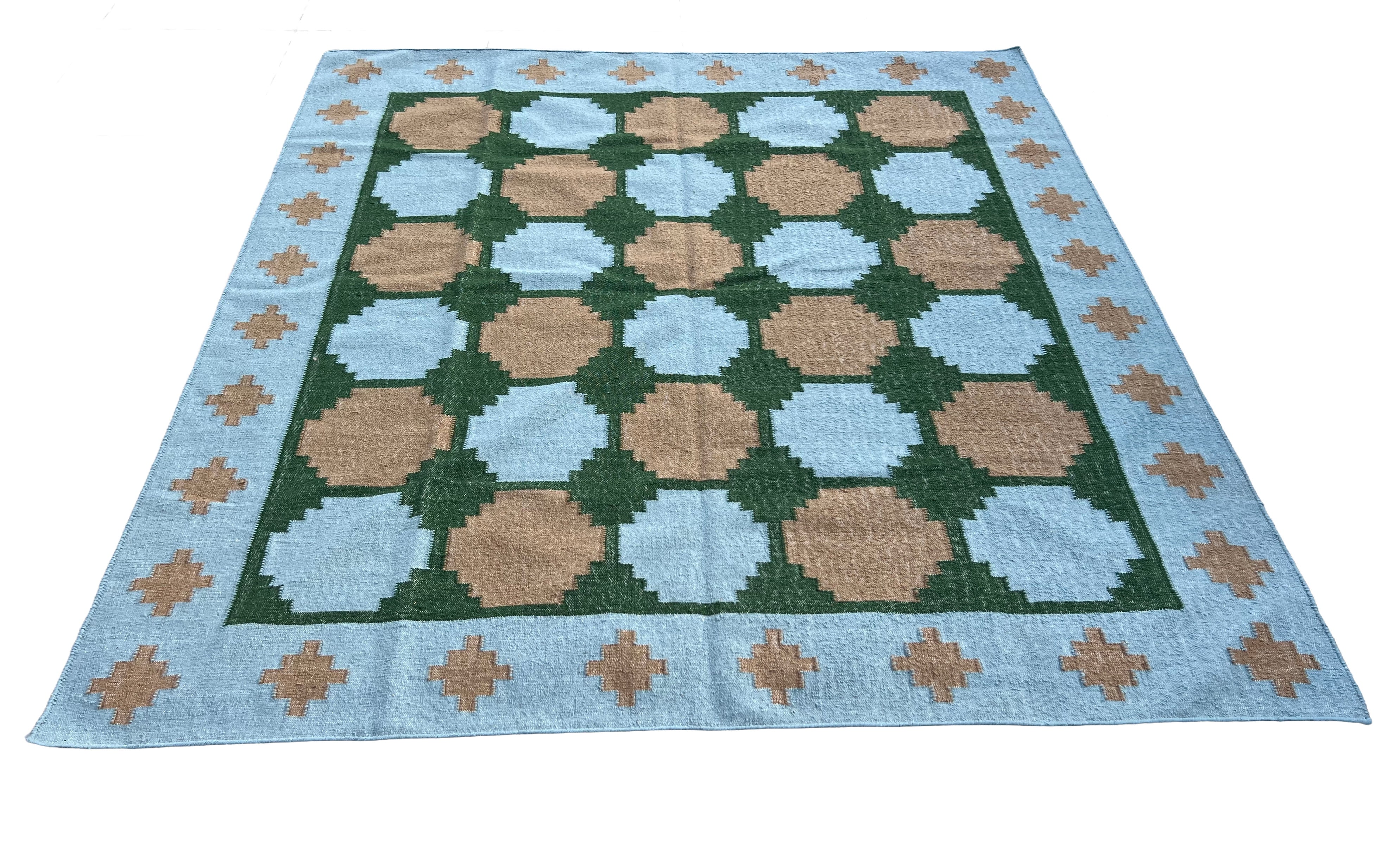 Modern Handmade New Zealand Wool Sky Blue, Beige And Green Tile Swedish Rug-6810