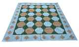 Modern Handmade New Zealand Wool Sky Blue, Beige And Green Tile Swedish Rug-6810