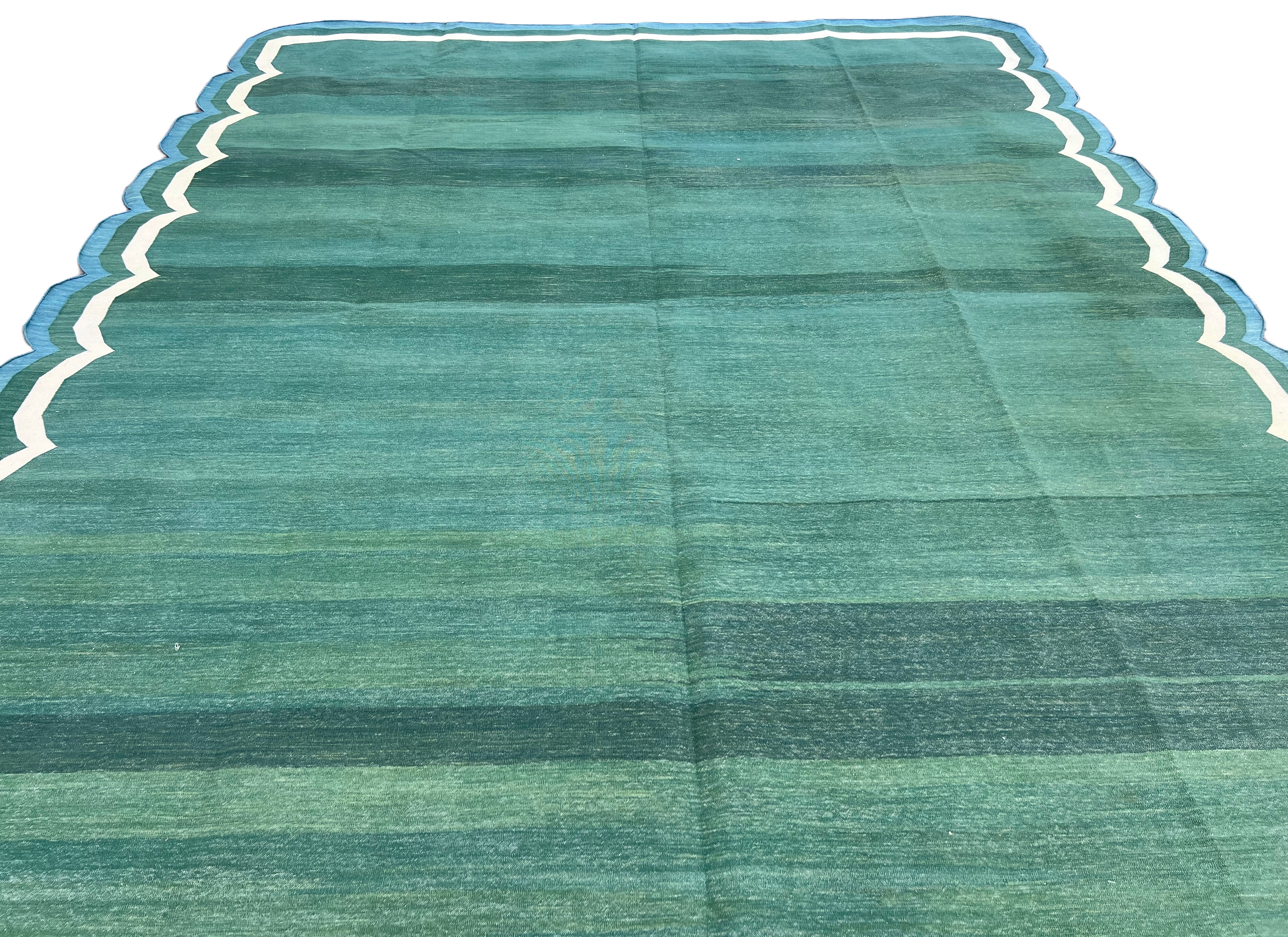 Modern Handmade Cotton Forest Green, Cream and Teal Blue Scalloped Rug-9649