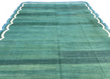 Modern Handmade Cotton Forest Green, Cream and Teal Blue Scalloped Rug-9649