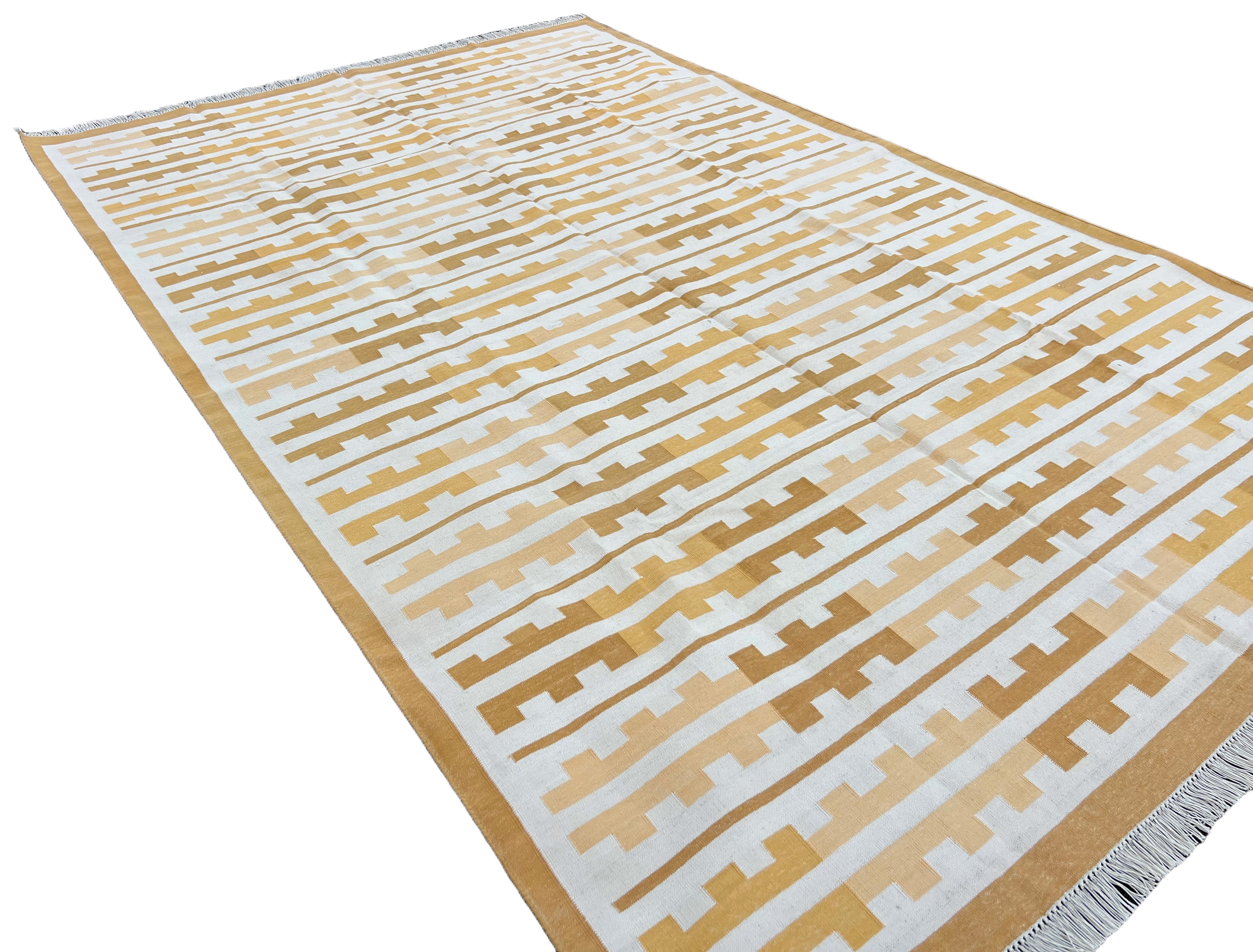 Modern Handmade Cotton Yellow And Cream Marianne Striped Indian Dhurrie Rug-6762